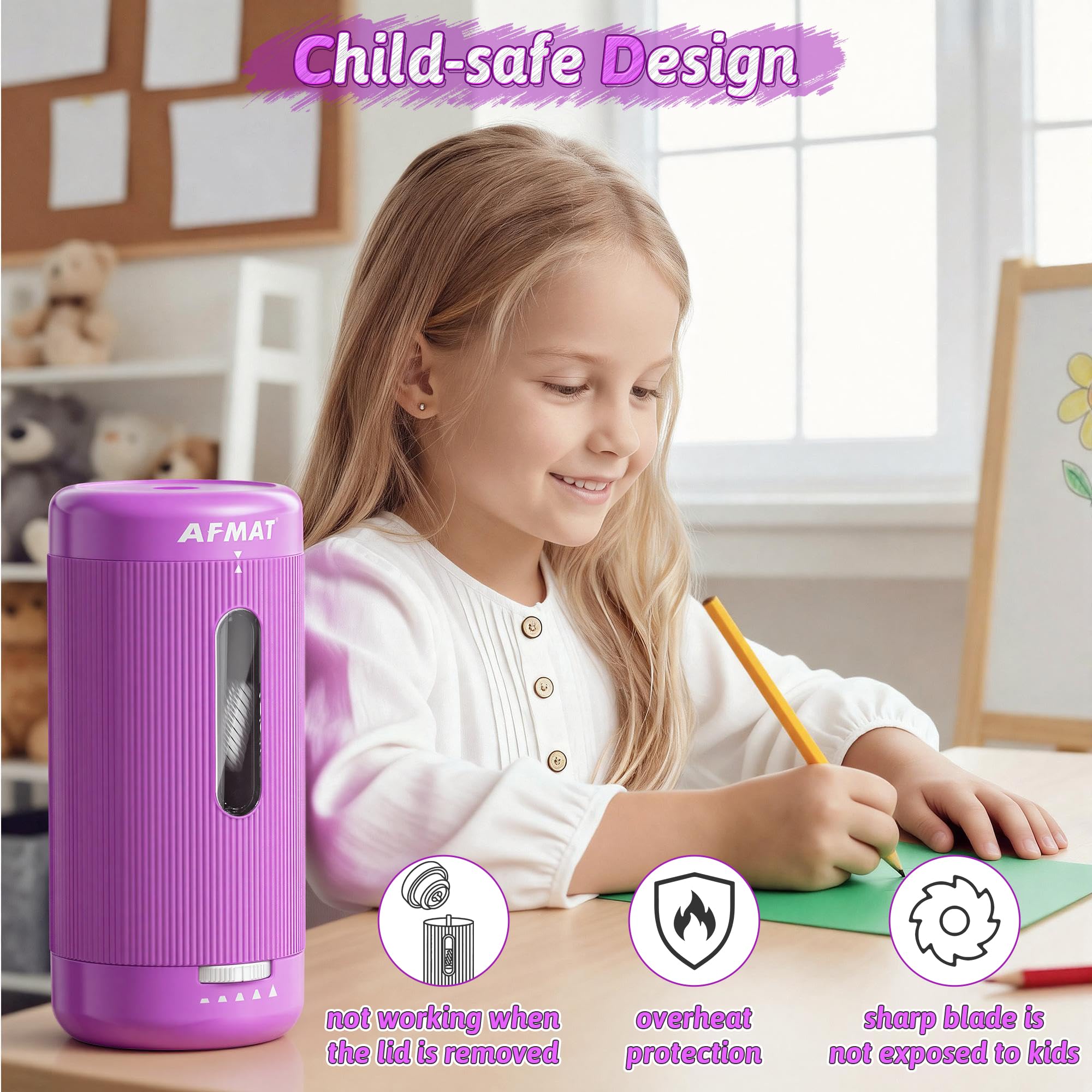 AFMAT Sacapuntas eléctrico, entrada y salida automática, 5 puntas, sacapuntas totalmente automático para aula, sacapuntas manos libres recargables para lápices n.º 2/jumbo/colores (φ6.5-12 mm) PSC3