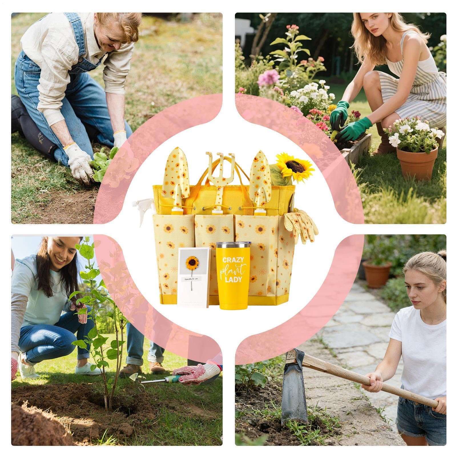 Attrezzi da Giardinaggio Manuali Robusti ed Ergonomici con Motivo Girasole | Kit con Rastrello Pala e Cesoie da Potatura Per Piantumare Diserbare Giardinieri Principianti Anziani e per Esterni