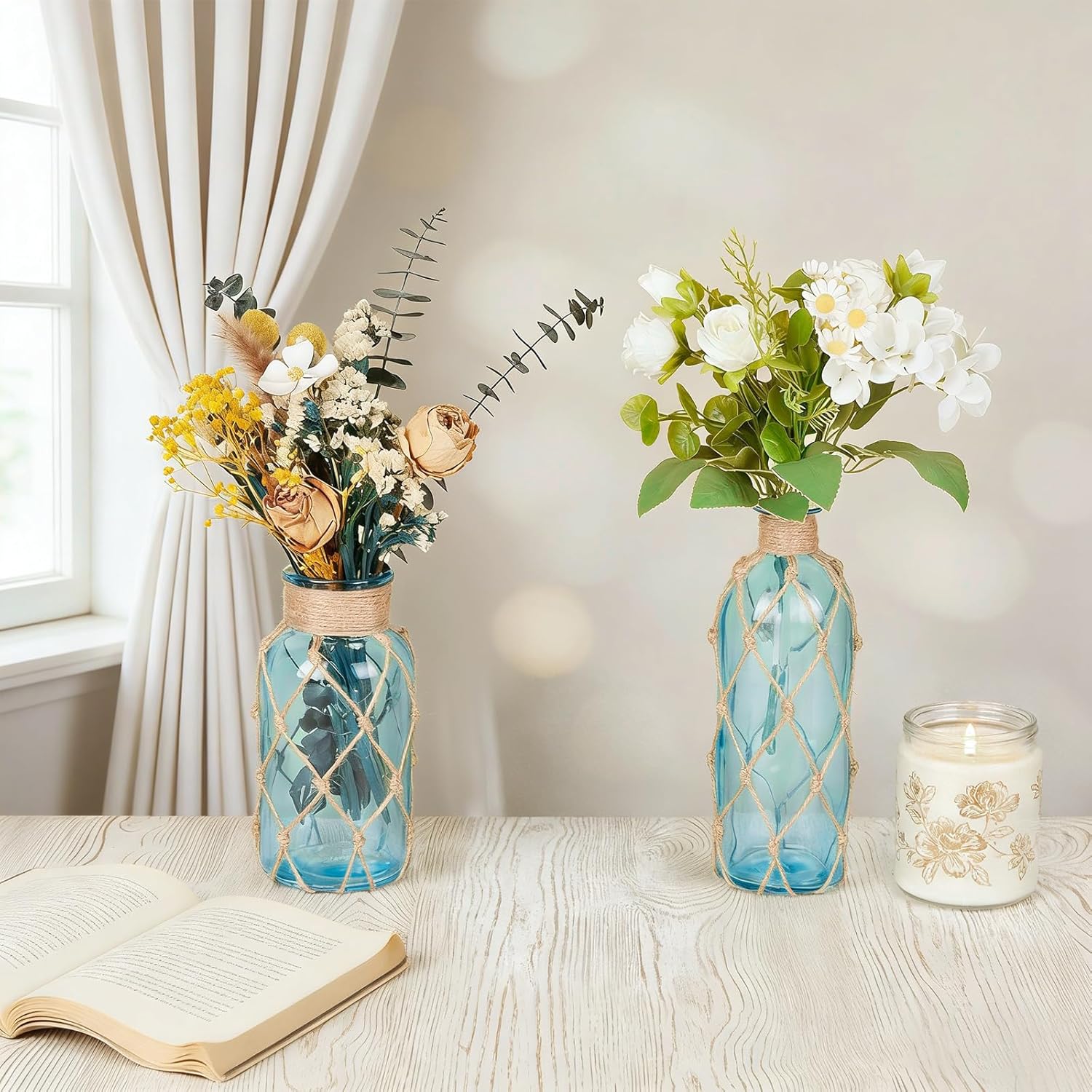 2PCS Coastal Glass Vases for Flowers, Light Blue Flower Vase with with Boho Rope Sea Glass Vase Nautical Beach Bottle for Wedding Table Centerpieces Floral Arrangement Party Home Decor