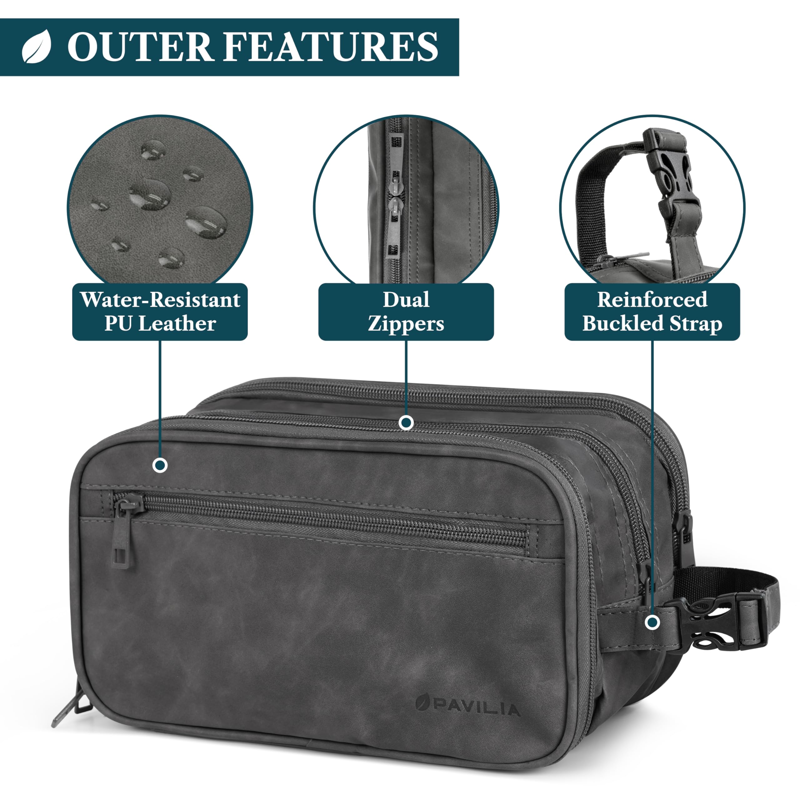 PAVILIA Kulturbeutel für Herren, Reiseutensilien, Dopp Kit, Kosmetik-Organizer, grau dunkel, Large (10.5x5.5x6), Kulturbeutel | Normale oder XL-Größe, mehrere Fächer, Reißverschlussöffnung, wasserabweisendes PU-Leder, Reise-Toilettenartikel-Schutz