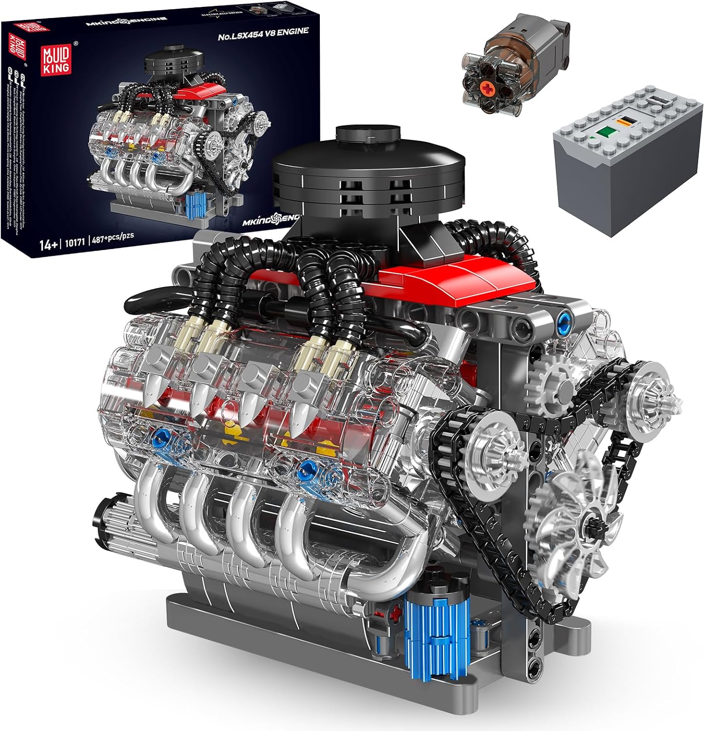 Mould King 10171 MOC Technology V8 Eight Cylinder Engine Series Gasoline Engine Block Kit Technology Clamp Blocks Kit Contains Engine and Battery Box V8 Engine (487 PCS+)
