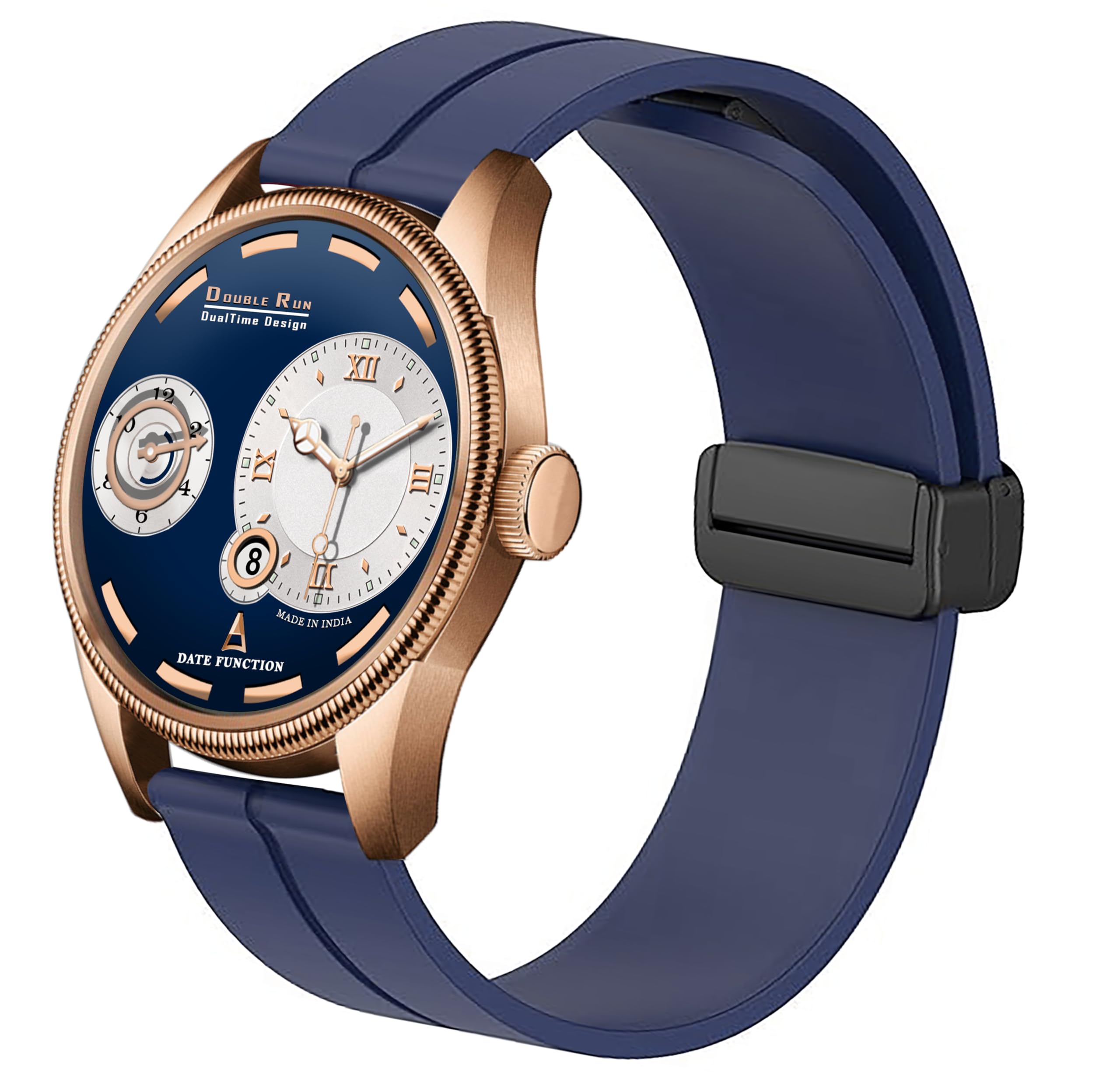 DOUBLERUNDOUBLERUN Chonograph Date Display Analoge Silicone Magnetic Strap Watch for Men, Series C-160-00 (Blue)