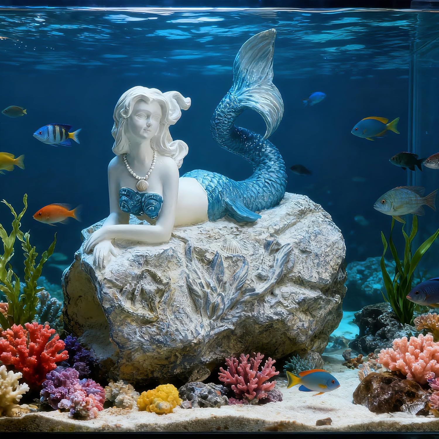 Teaeeno Mermaid Decor Faux Log Fish Cave, Predator Control and Decorative Shelter for Koi and Fish, Ponds, Aquariums, and Terrariums, Mermaid Statue Decor, Mermaid Decoration Sculptures