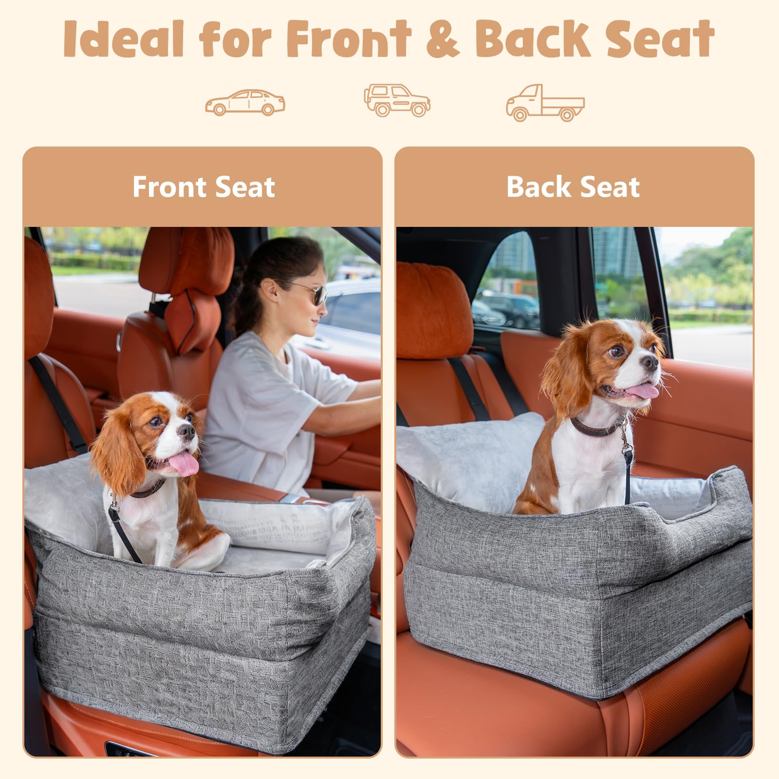 Avont Hunde Autositz für Kleine/mittlere unter 14 kg, Welpen-Hochsitz mit Sicherheitsgurt, Gut gepolstert für Reisen Stressfrei, 50 * 50 * 40 cm -Grau
