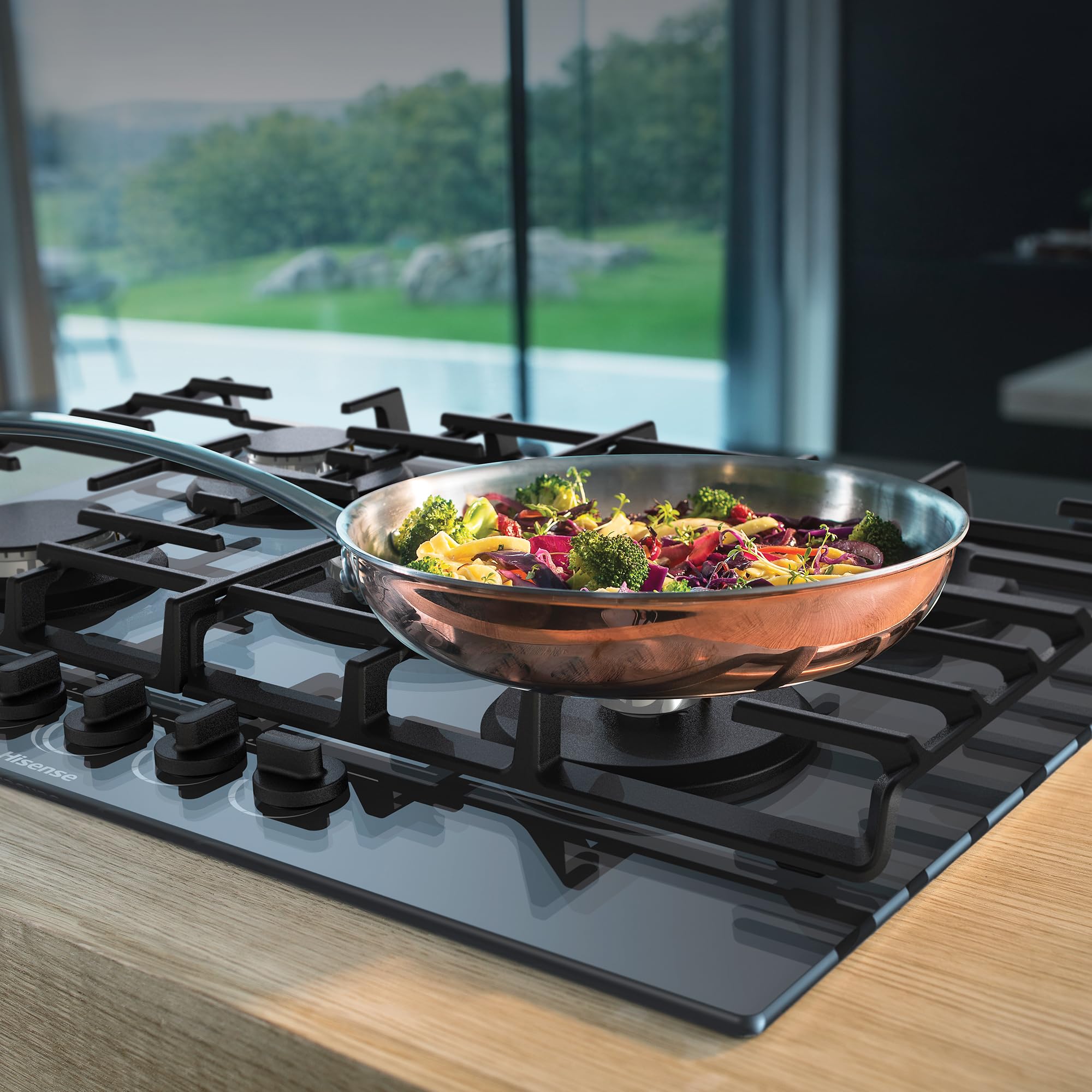 Hisense GG773B - Placa de Gas 5 Zonas, 1000W, Fondo 52cm, 5 Quemadores de Gas, Soporte de Hierro Fundido, Encendido con una mano, Quemador Wok, Superficie de fácil limpieza, Cristal Negro