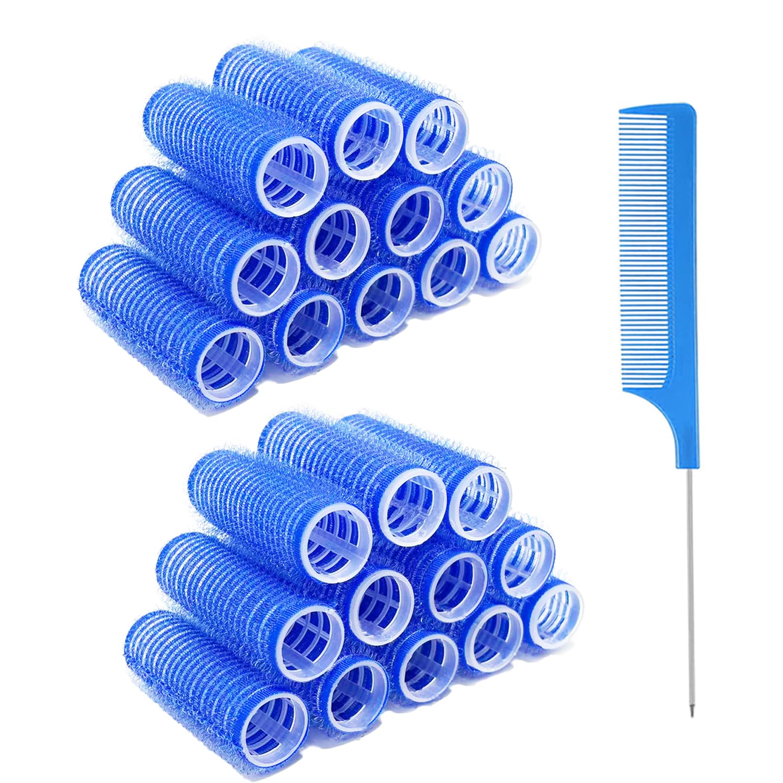 24PCS Self Grip Small Heatless Rollers Set for Pro Salon Hairdressing and DIY Hairstyles - Rat Tail Comb Included for Medium and Short Lengths (0.8in, Dark Blue)