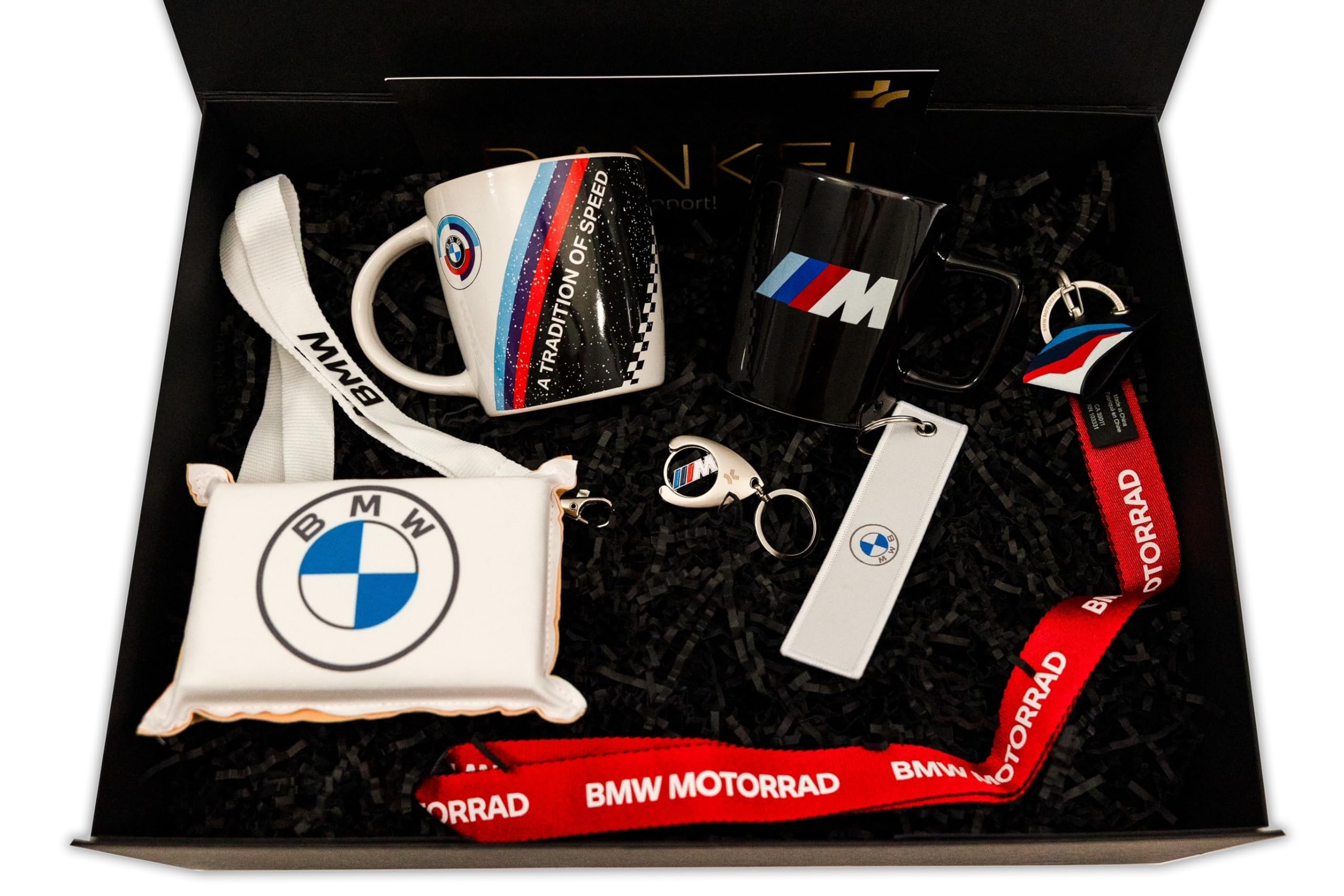 BMW - Set regalo in confezione regalo esclusiva da 7 pezzi, tazza M, portachiavi, cordino