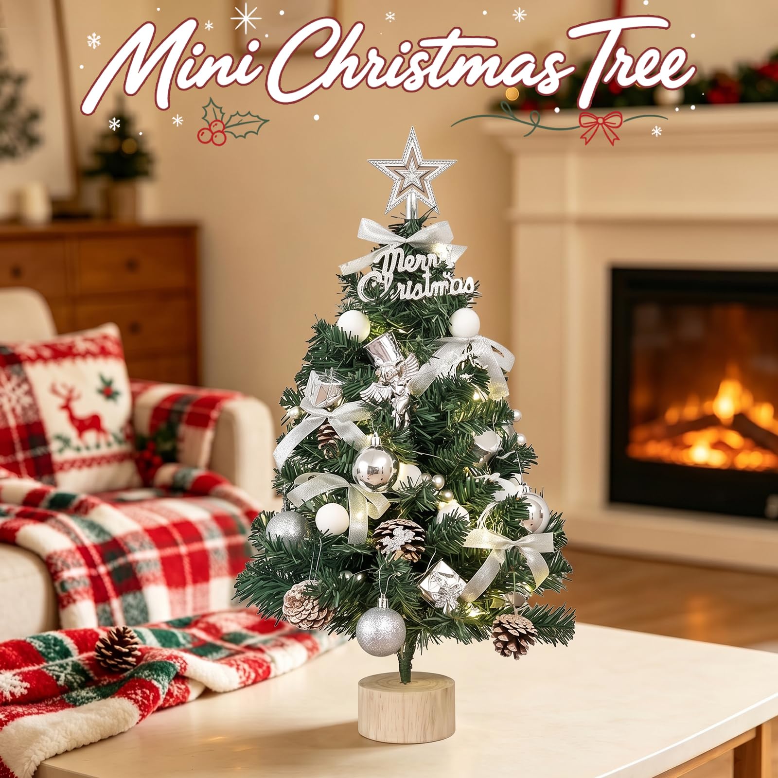 Mini sapin de Noël de table de 61 cm avec lumières | Petit sapin de Noël artificiel avec étoile - Kit de bricolage - Décoration pour la maison et centre de table - Blanc 60C06