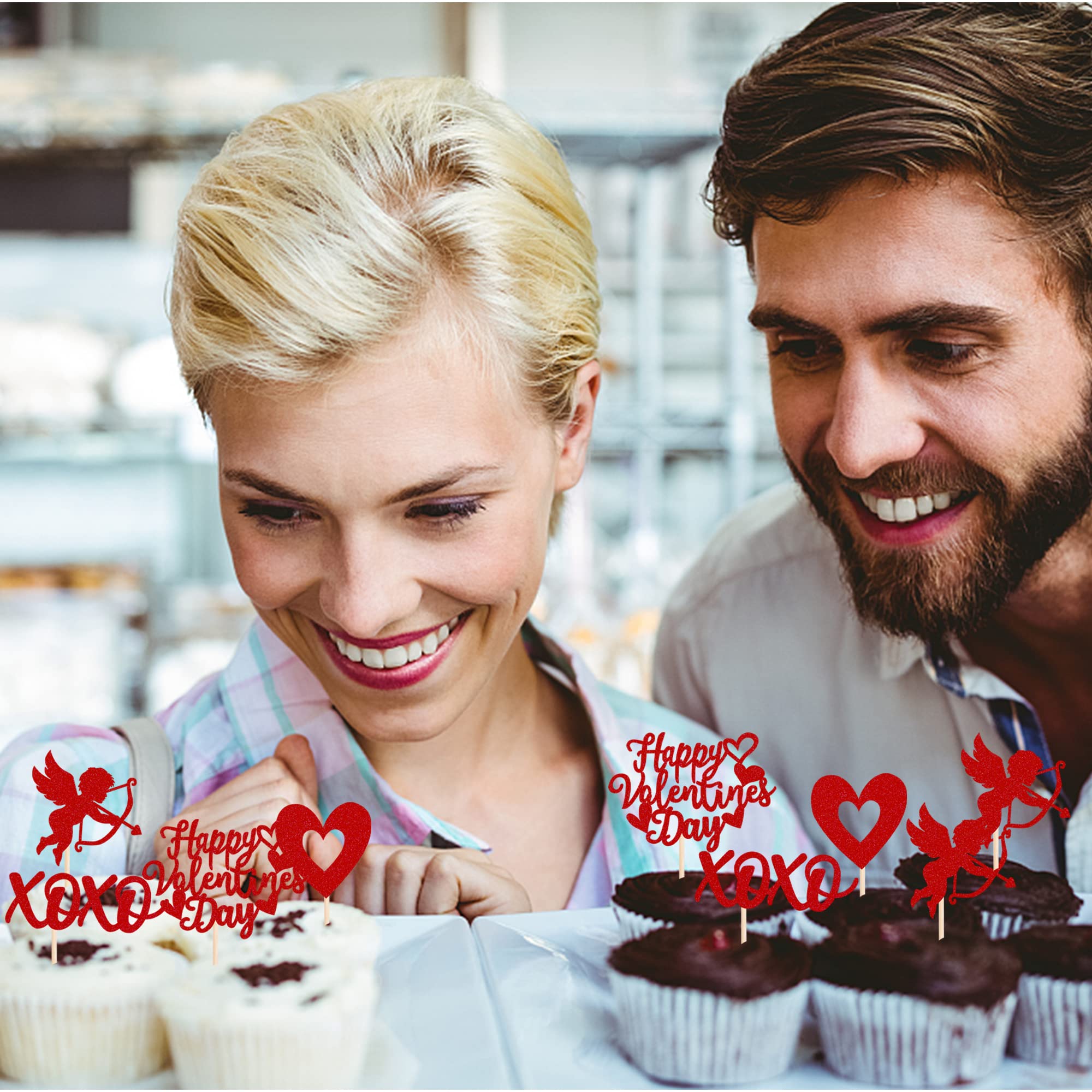 48 Topper Per Cupcake San Valentino Glitter – Scritta Happy Valentine's Day, XOXO Cupido – Confezione 4 Modelli – Decorazioni Per Dolci E Feste D'amore
