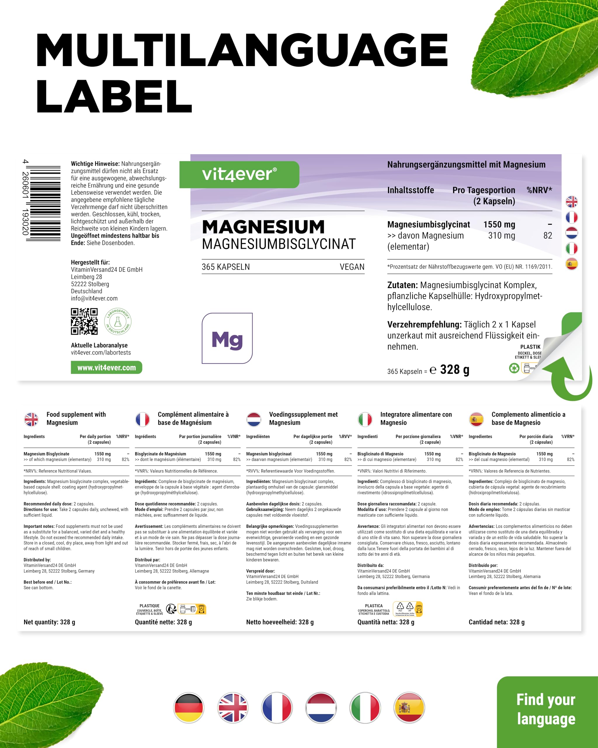 Vit4ever Magnesium Bisglycinat 365 Kapseln + Zink Bisglycinat 25 mg 400 Tabletten – Vegan – Laborgeprüft – Mineralstoff Bundle