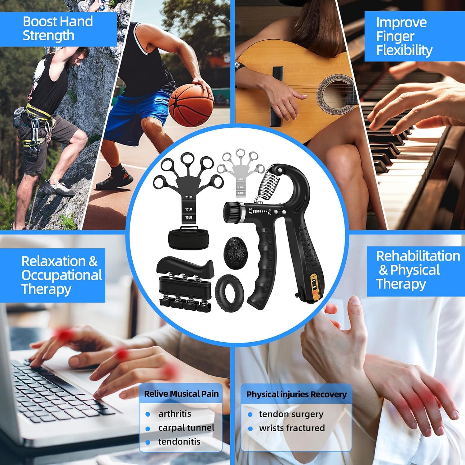 5PCS Grip Strength Trainer Kit with Adjustable Hand and Forearm Gripper, Hand Extension Exerciser, Finger Exerciser, Grip Ring & Stress Relief Grip Ball for Muscle Building and Injury Recover 8 81DuyrX5DgL. AC SL1500