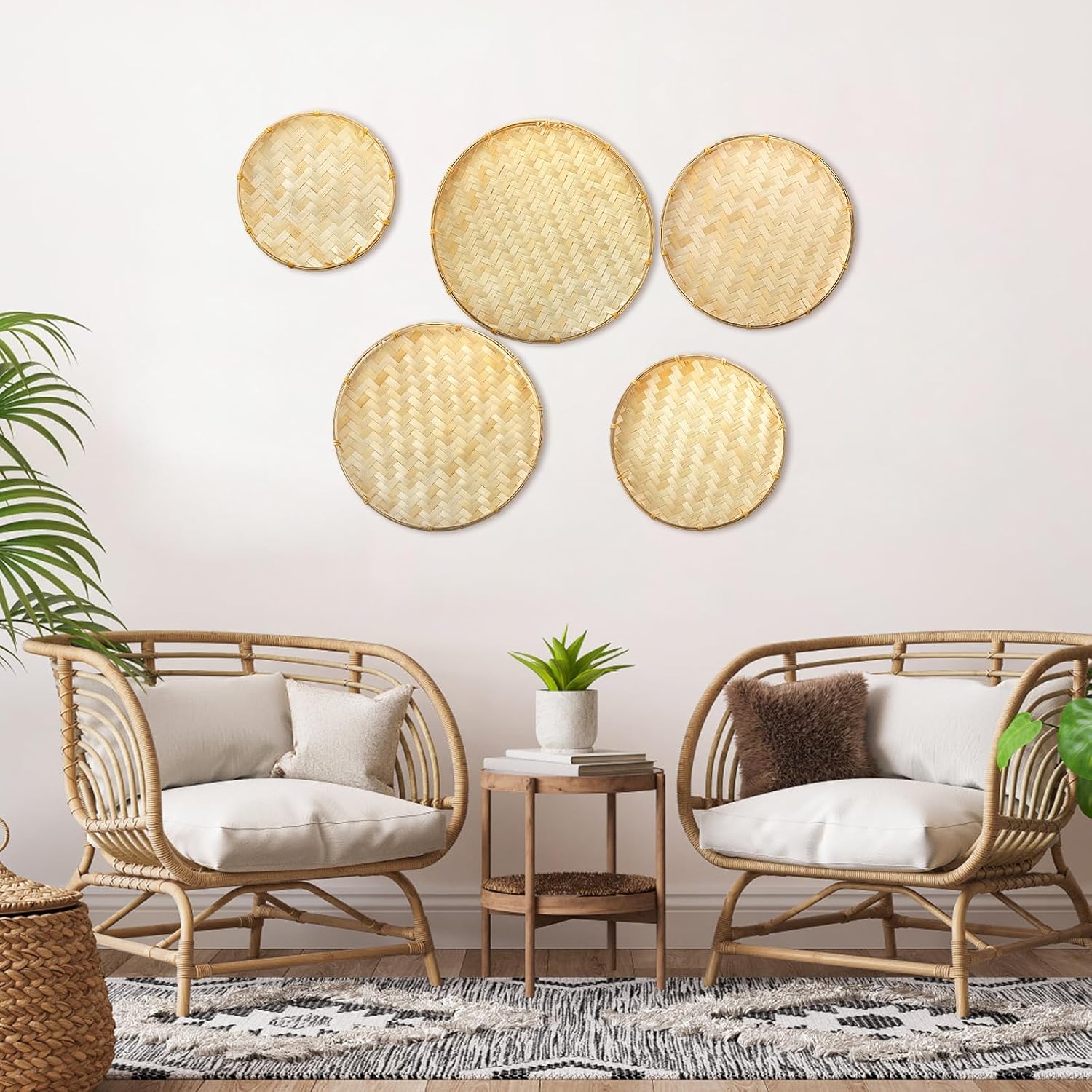 Goaste 5 Pack Round Bamboo Serving Trays, Decorative Flat Wicker Baskets, Handwoven Shallow Wicker Organizers for Food Storage, Fruit, Snacks, Kids DIY Drawing, Wall Hanging Decoration - Image 7