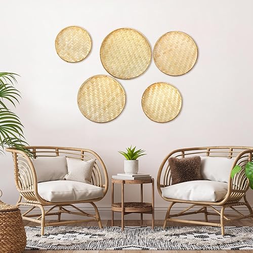 Miniatura 7 de Goaste Paquete de 5 bandejas redondas de bambú para servir, cestas decorativas de mimbre planas, organizadores de mimbre poco profundos tejidos a