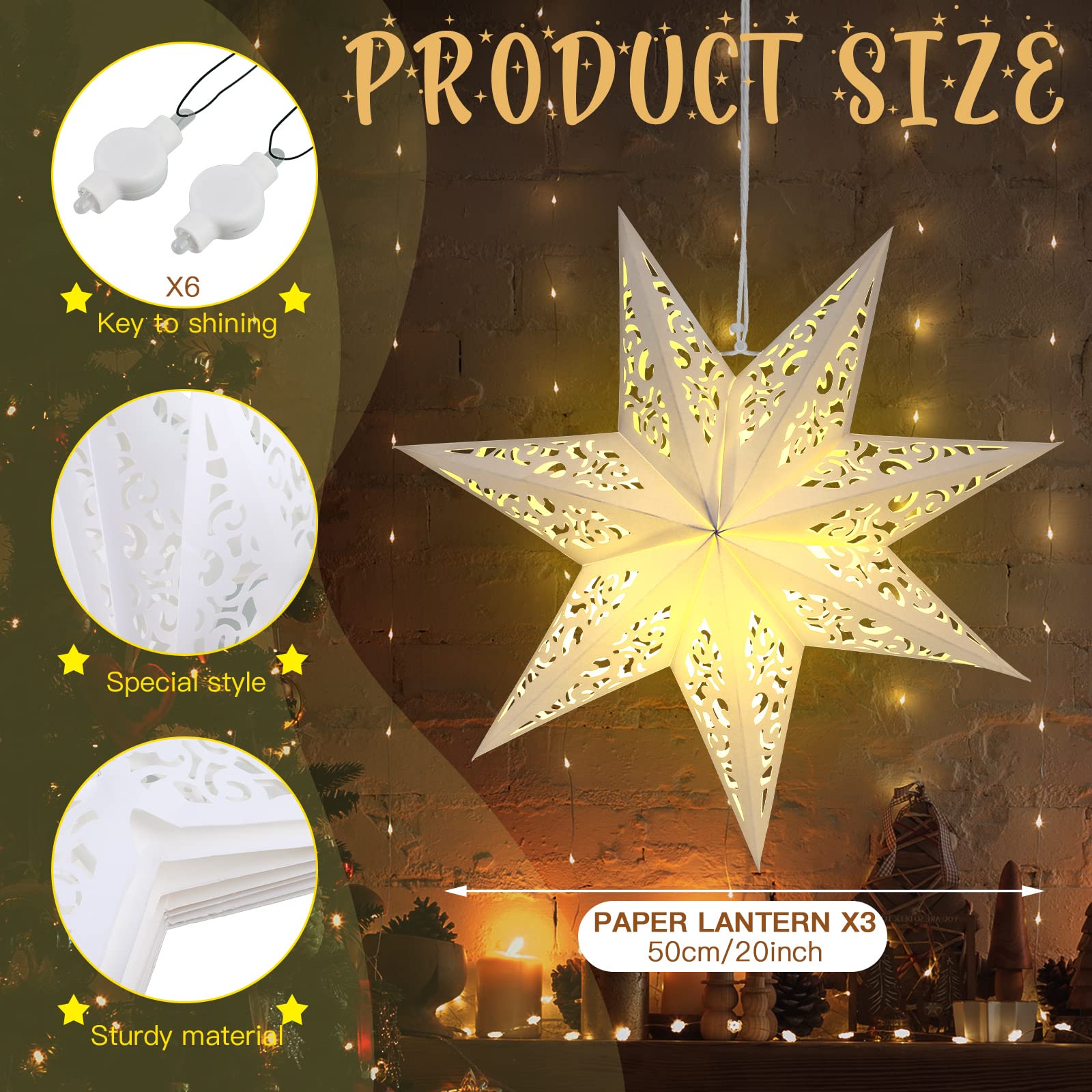 3 Pcs Christmas 20 Inch Paper Star Shaped Lantern Decorative 7 Point White Paper Lanterns with 6 Pcs Lights LED Hanging Hollow out Star Lampshade for Ceiling Indoor Outdoor Window Wedding Decorations