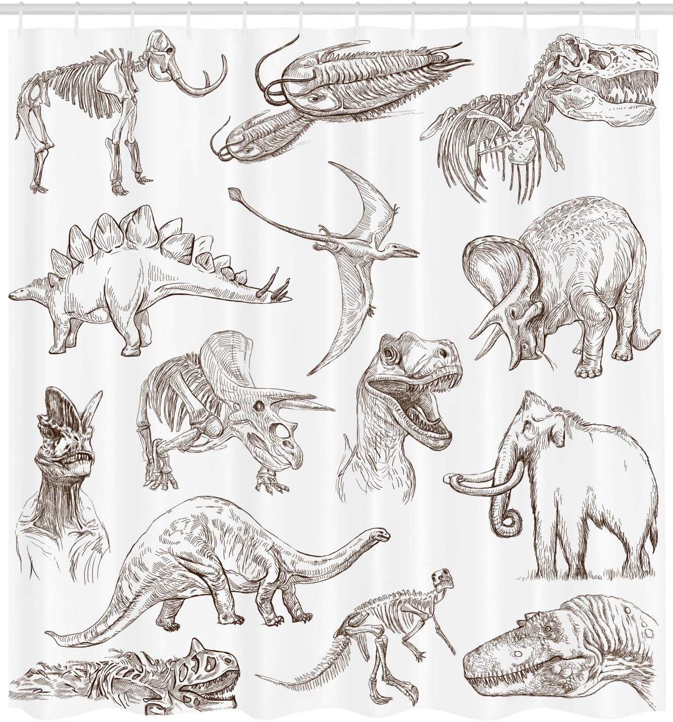 Ambesonne Jurassic Shower Curtain, Arrangement of Various Dinosaurs Illustrations Skeleton Biology Historic, Cloth Fabric Bathroom Decor Set with Hooks, 69" W x 70" L, Dark Brown