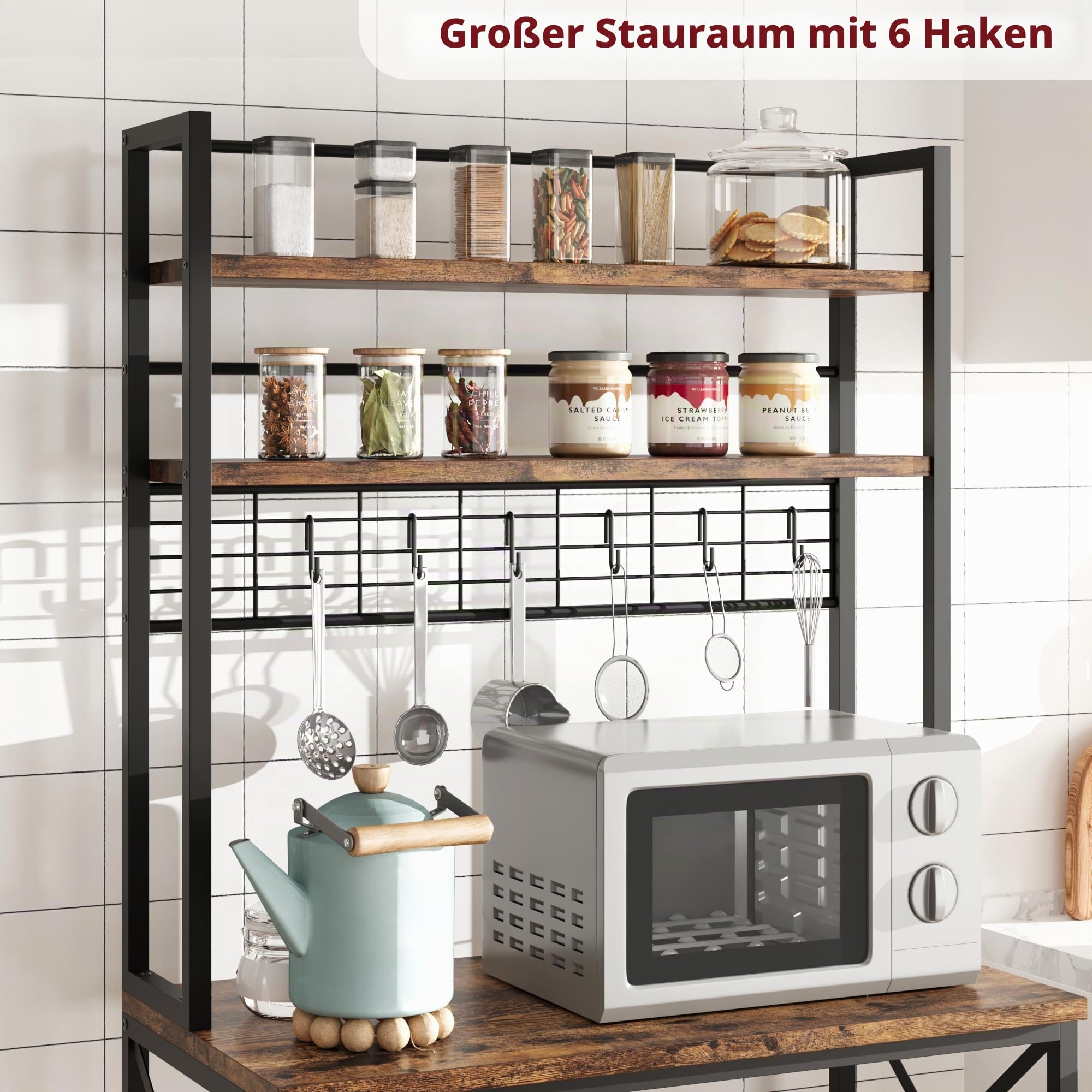 Litake Küchenregal - Standregal für Küche Mikrowellen-Regal mit 5 Regalebenen und 6 Haken, Küchenregal Schwarz mit Gitterplatte Küchenregale für Balkon Speisekammer Kellerraum Wohnzimmer