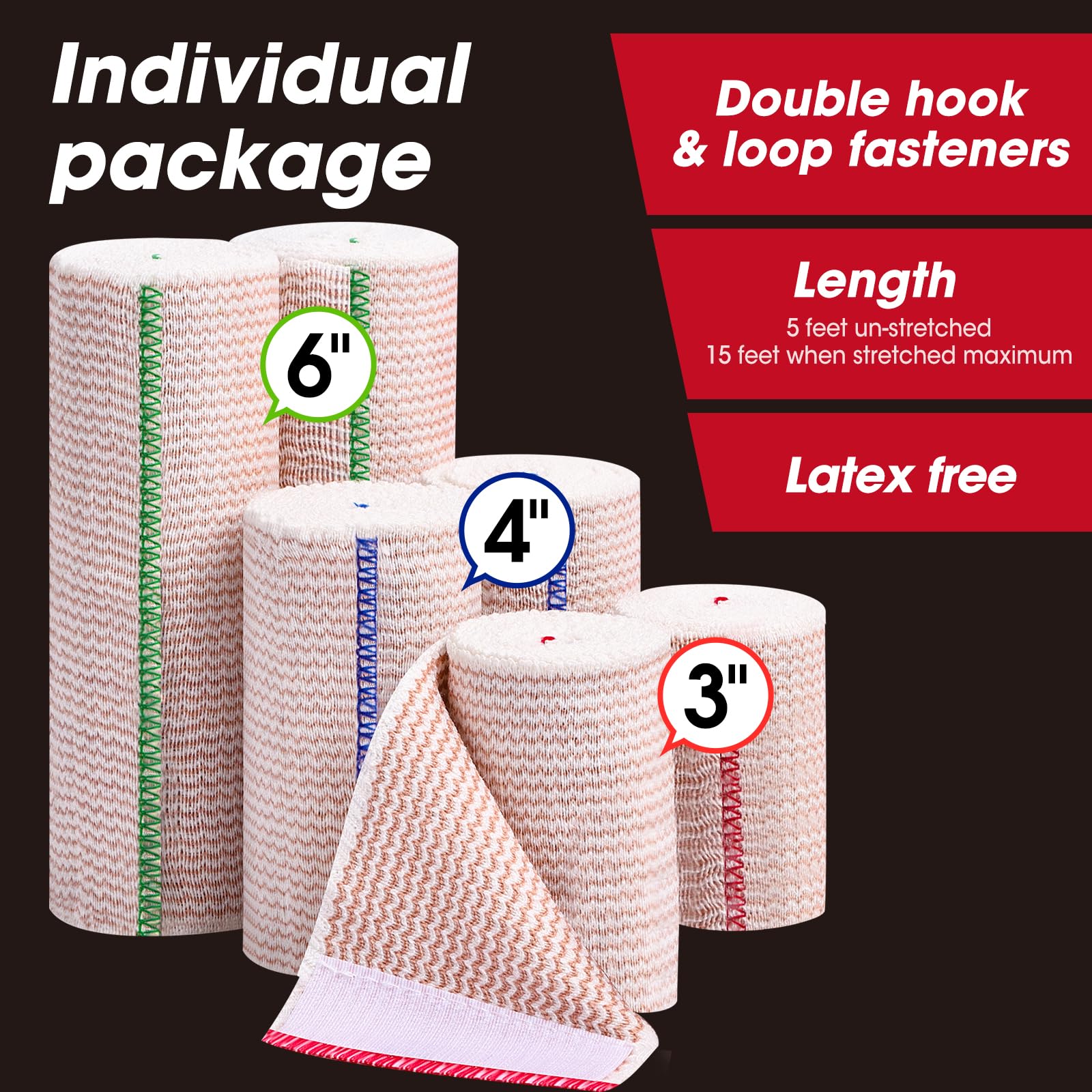 YesBes 6 Pack Premium Elastic Bandage Wrap(2x3, 2x4, 2x6), Compression Bandage Wrap, Lymphedema Wraps for Legs, Ankle, Knee, Tummy — Amazon image 2