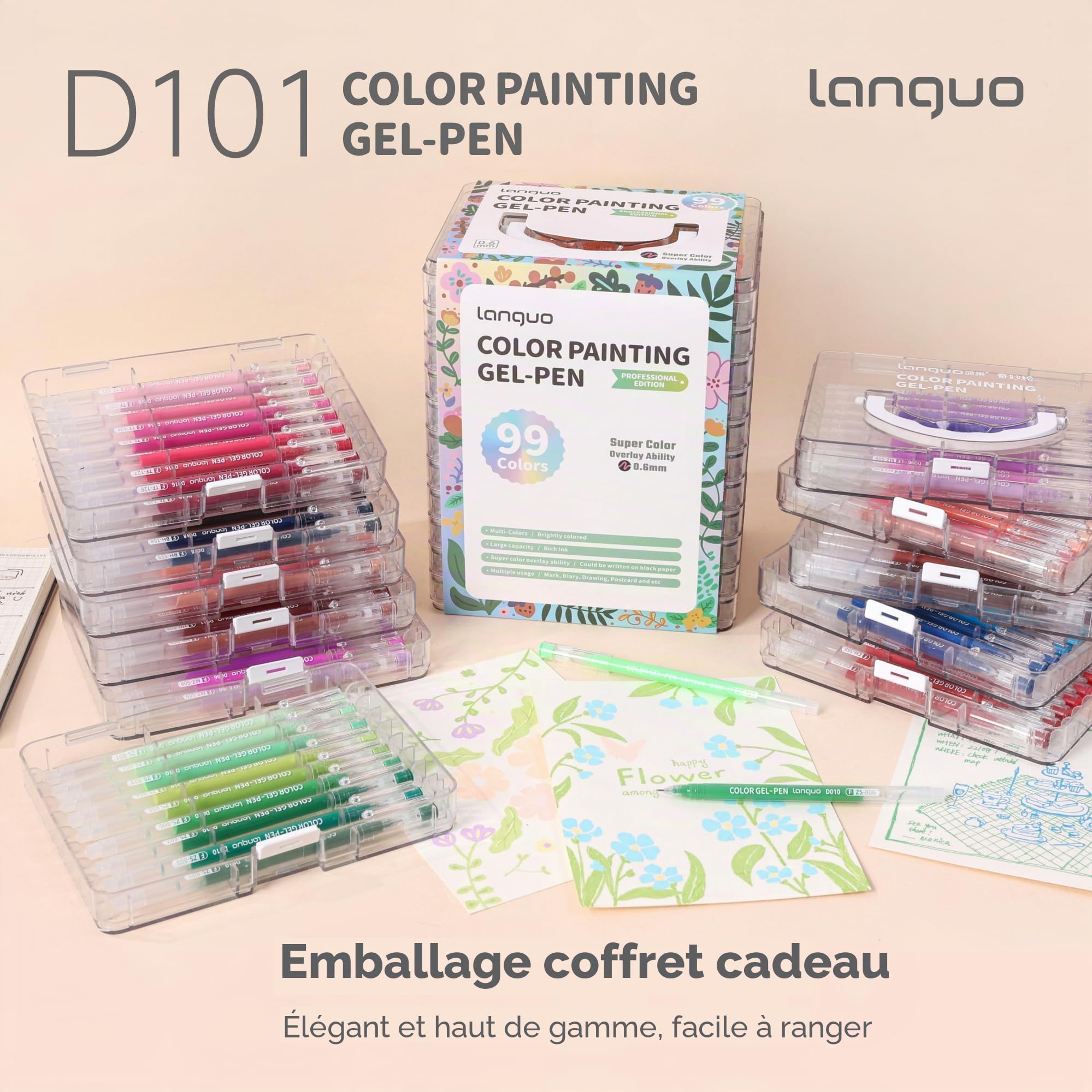 Languo Stylos gel pour adultes, 99 couleurs, crayons de couleur, marqueurs, dessin, gribouillages, journaling, fournitures d'art et travaux manuels