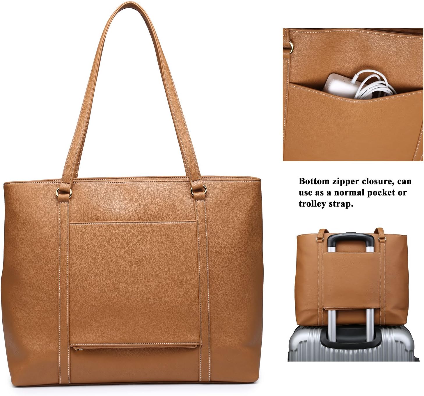 Classic Laptop Leather Tote Bag for 15 15.6 inch Notebook Computers Travel Carrying Bag with Smart Trolley Strap Design - Light Brown - Image 2