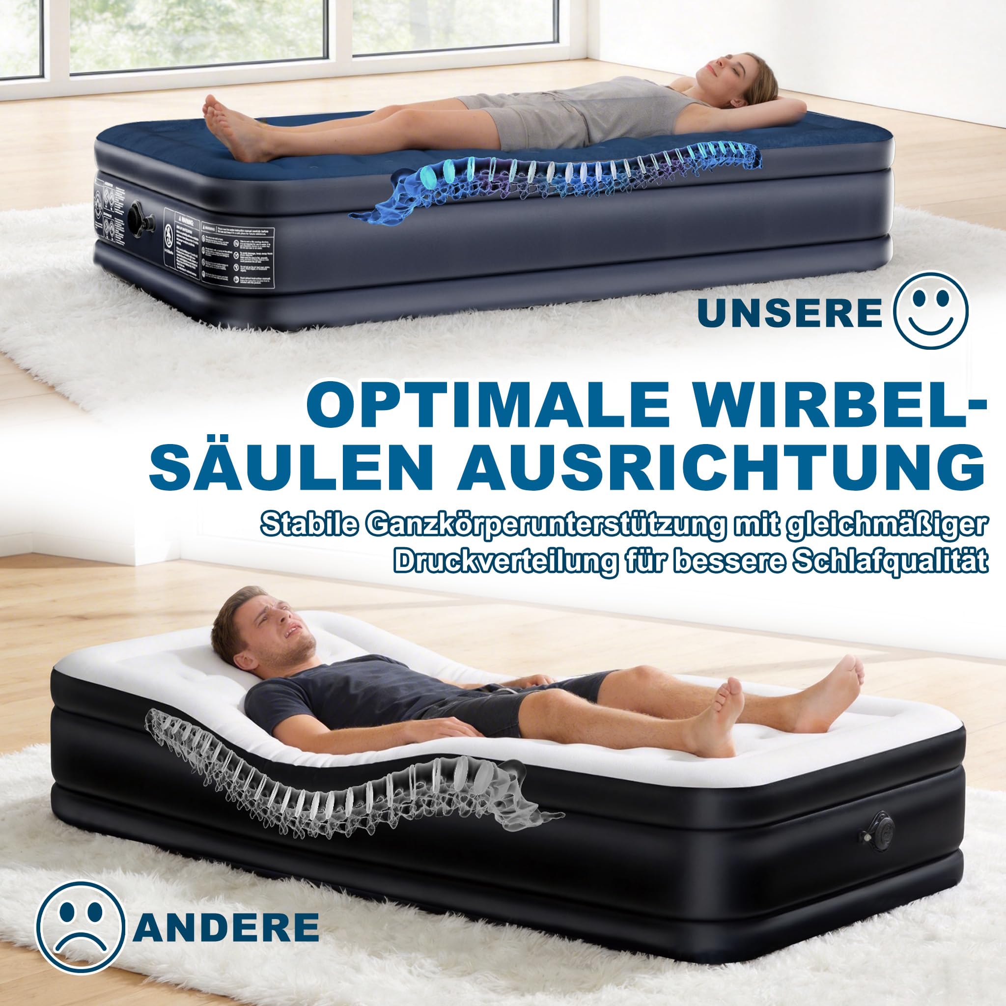 AufuN Luftmatratze, Aufblasbare Matratze mit Integrierter Pumpe, Selbstaufblasend in 3 Minuten, Dicke wasserdichte Beflockte Oberfläche, für Heimgebrauch, Camping & Gästebett (190×99×38 cm)