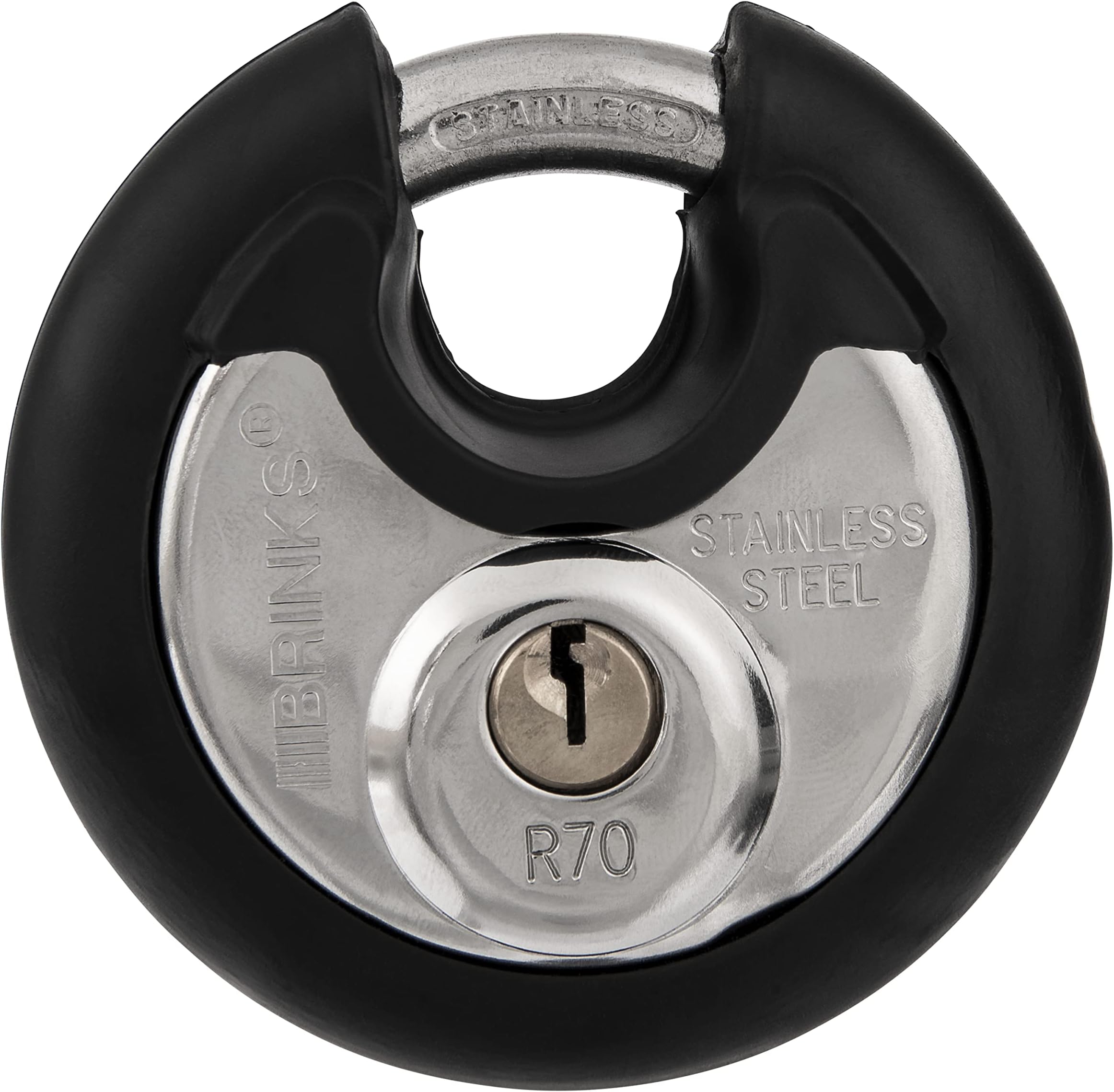 BRINKS 673-70001 Commercial Stainless Steel Discus Padlock, Keyed, 70 mm, 4 Pin Cylinder , Black