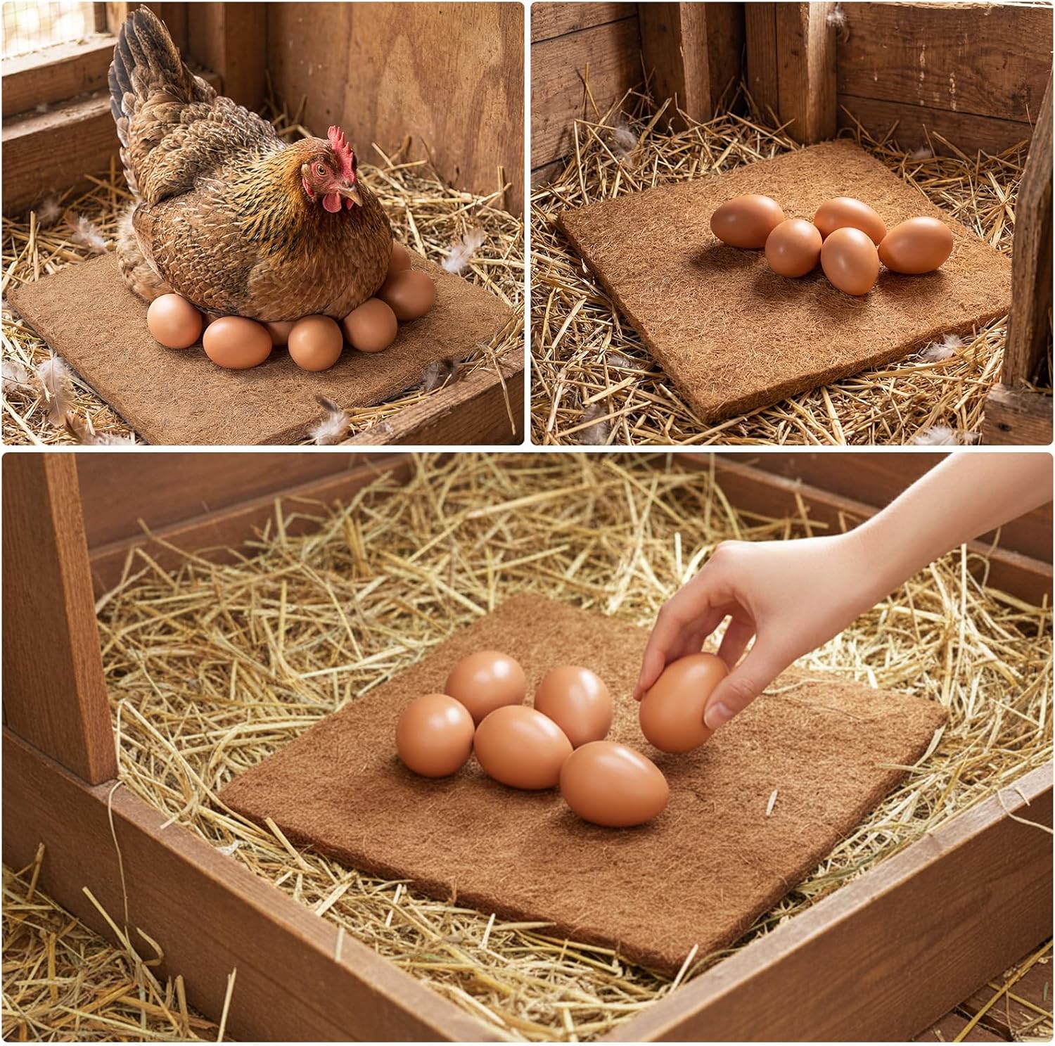 10 Pack Chicken Nesting Pads 13x13'' Laying Hen Nesting Box Liners with 30 Pcs Wooden Fake Eggs Help Laying Hen for Chicken Coop Bedding Poultry Habitat Supplies