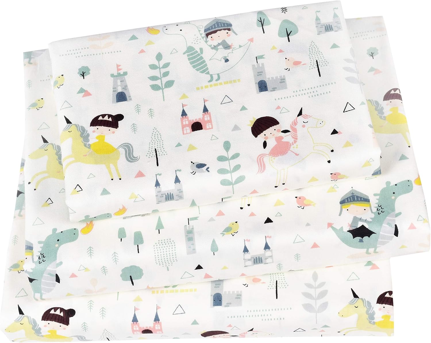 Knight Fire Dragon Princess Unicorn Twin 100% Cotton 3 Pieces Sheet Set for Kids Girls Children Flat Sheet + Fitted Sheet + Pillowcase Bedding Decoration Gift Set Twin Knight Girl