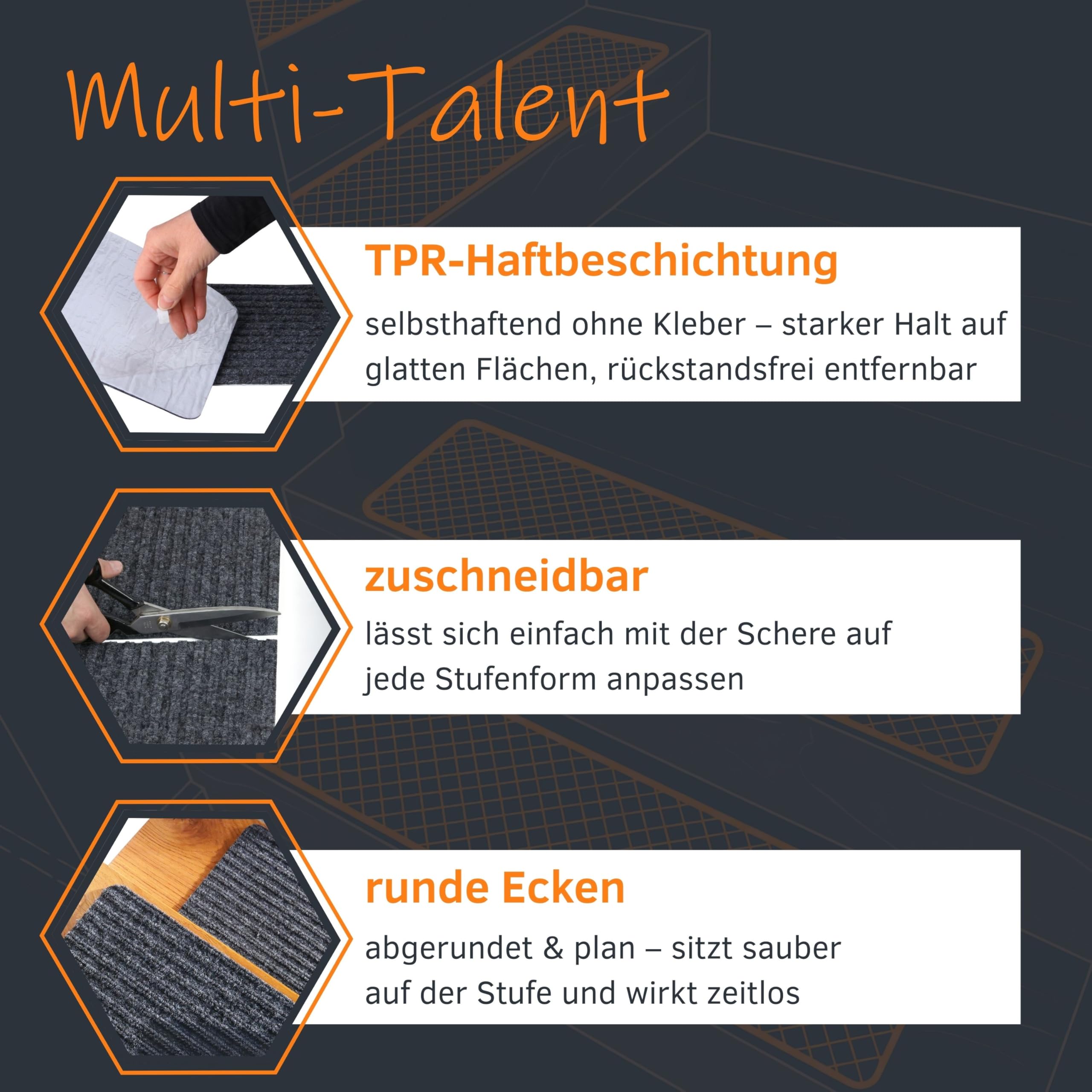 your GEAR Stufenmatten selbsthaftend 76x20 cm – 15 Stück Hellgrau – rutschfeste Treppenstufen Matten waschbar – Antirutsch Treppenteppich zuschneidbar – Treppenschutz innen modern
