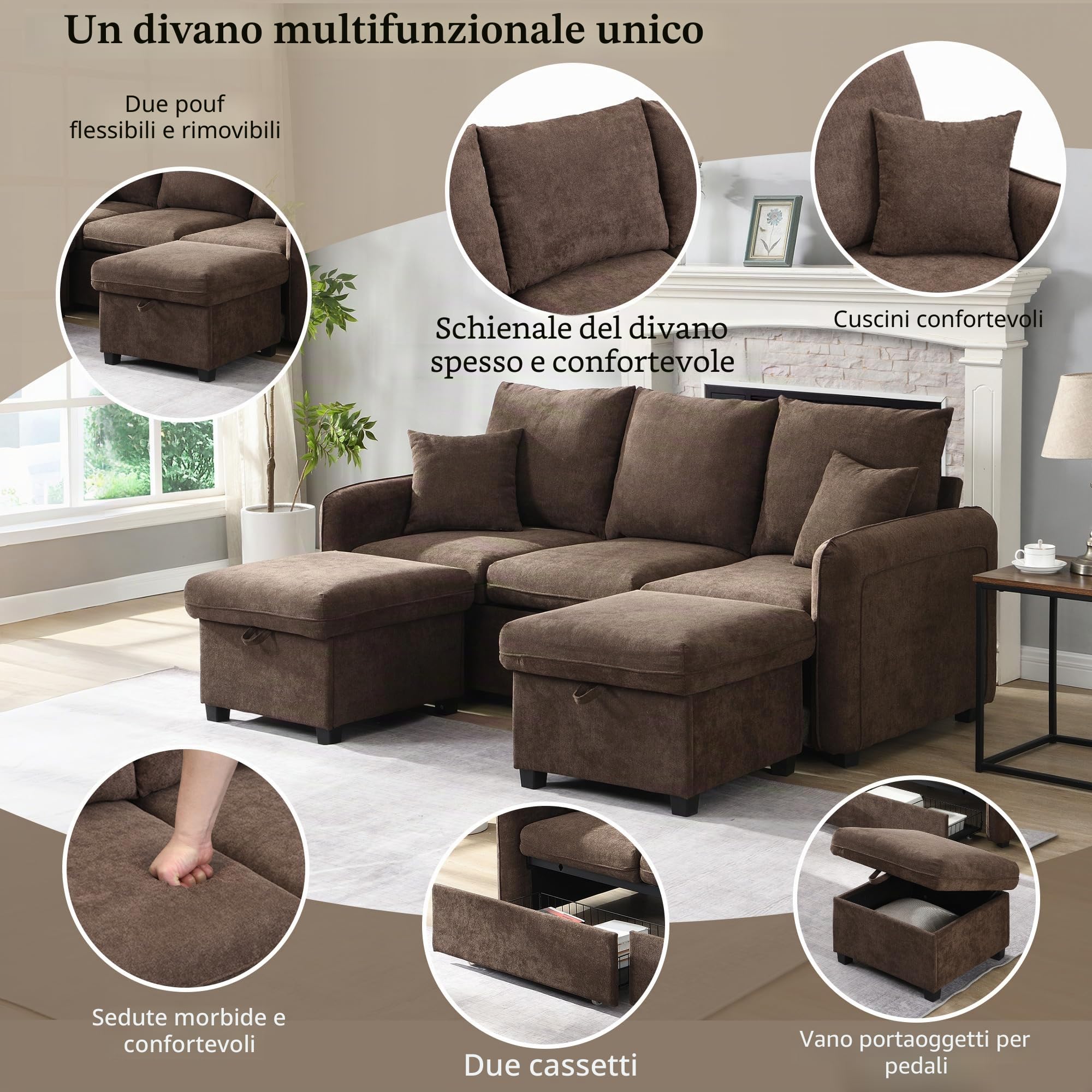 Divano Letto 3 Posti con Penisola, Divano Angolare 3 Posti Forma di U, Divano Letto Matrimoniale con vano Contenitore, Divano 3 Posti con cassetti, Marrone Anticato