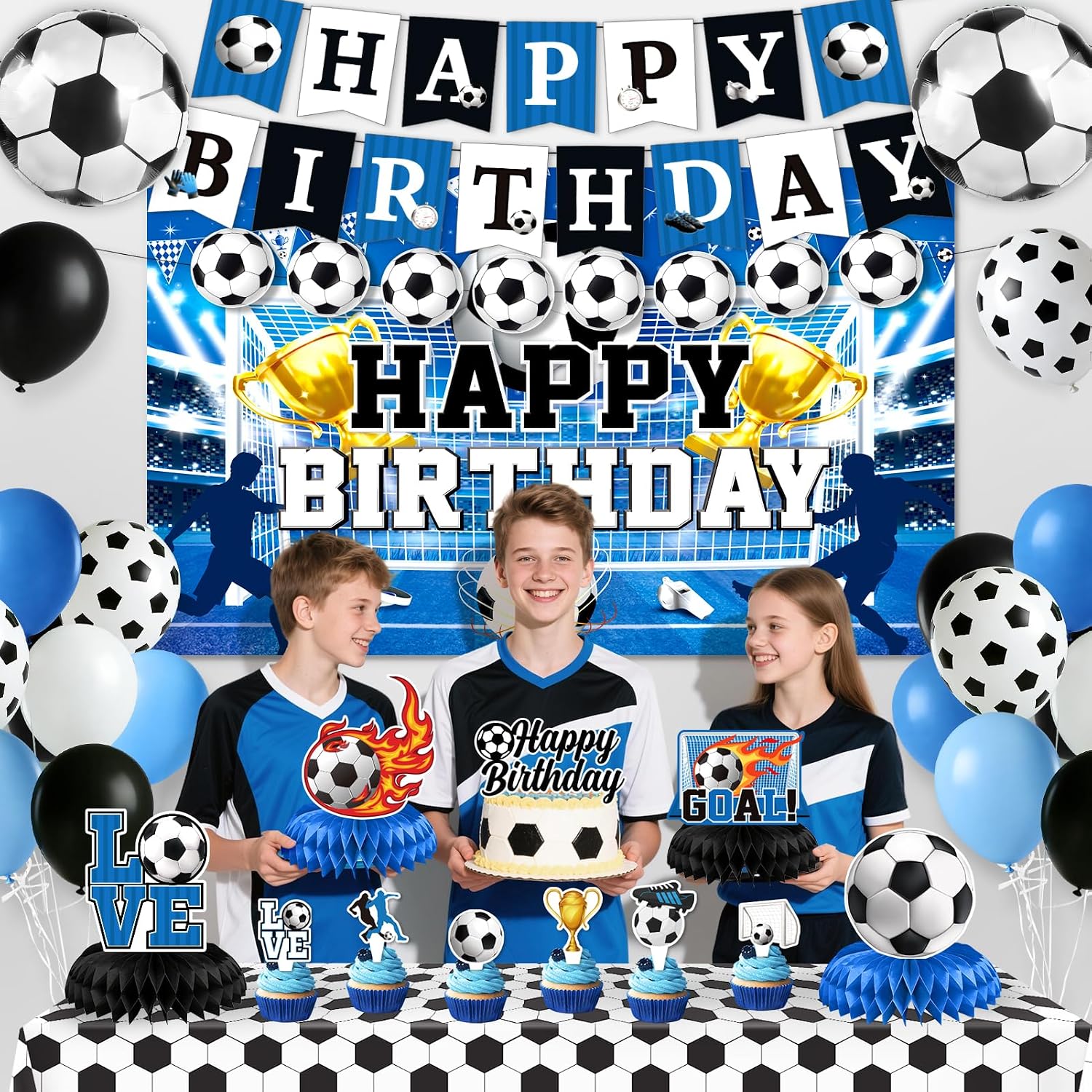 Soccer Birthday Party Decorations, 44Pcs Soccer Party Decorations with Happy Birthday Backdrop Tablecloth Foil & Latex Balloons and Cake Toppers Honeycomb Centerpieces for Boys’ Sports Party Supplies image 5