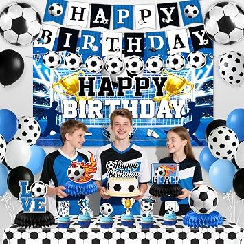 Soccer Birthday Party Decorations, 44Pcs Soccer Party Decorations with Happy Birthday Backdrop Tablecloth Foil & Latex Balloons and Cake Toppers Honeycomb Centerpieces for Boys Sports Party Supplies