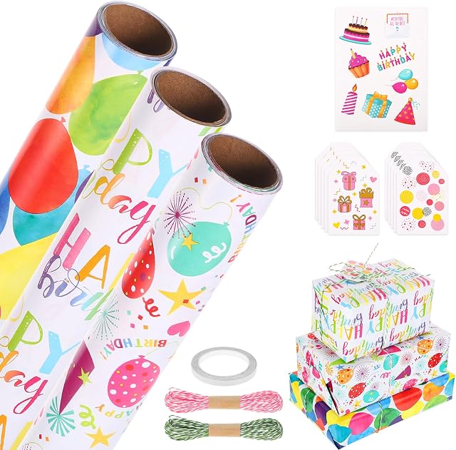 Wrapping Paper Roll, 3 Rolls 43X300cm Birthday Gift Wrapping Paper with Sticker,Tags, tape and Rope Colorful Happy Birthday Wrapping Paper for Birthday Party Gift Decorations