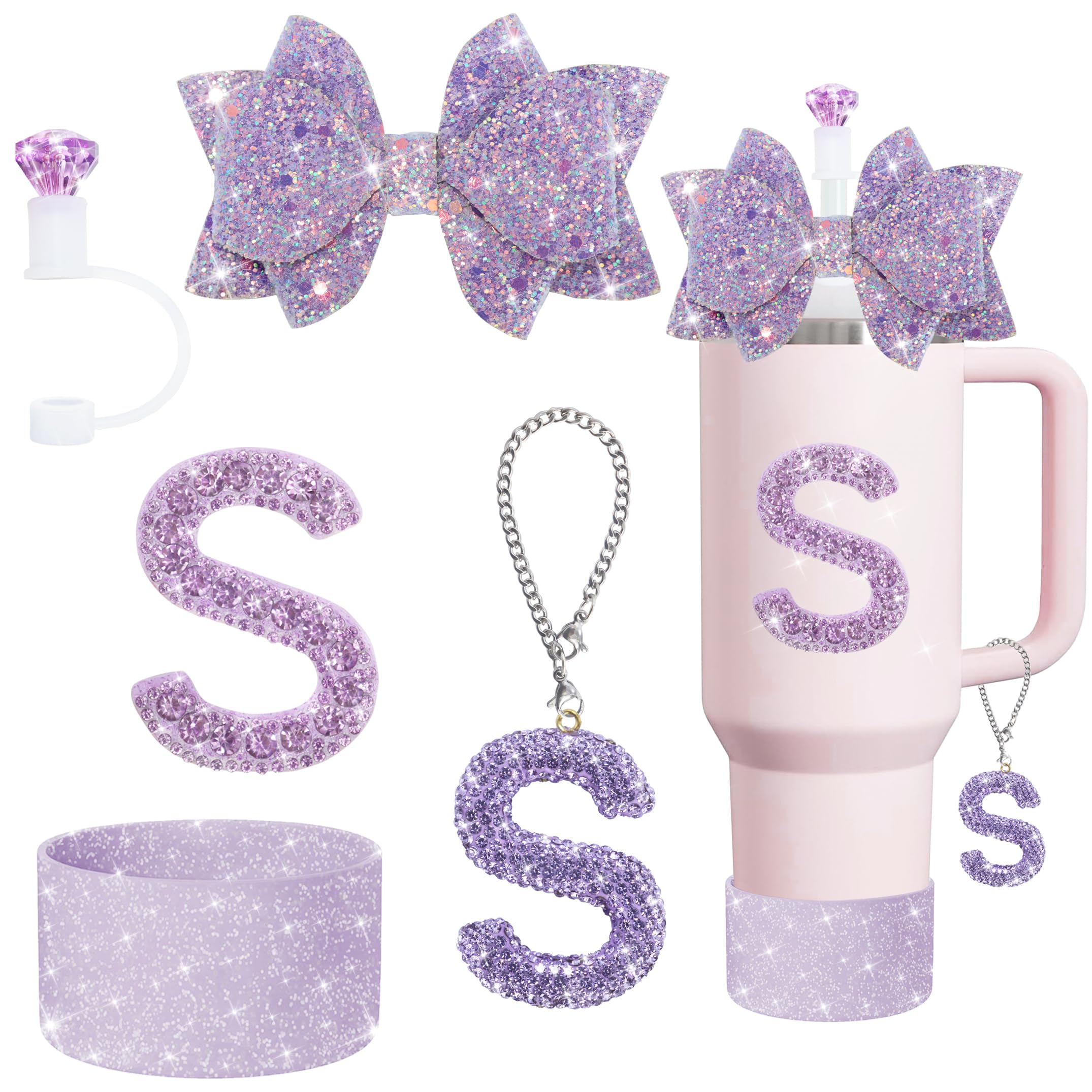 XIANGYUAN 5-Piece Stanley Cup Accessories Set - Letter Charm, Diamond & Bow Straws, Sparkly Silicone Boot for 30oz or 40oz Stanley Cups