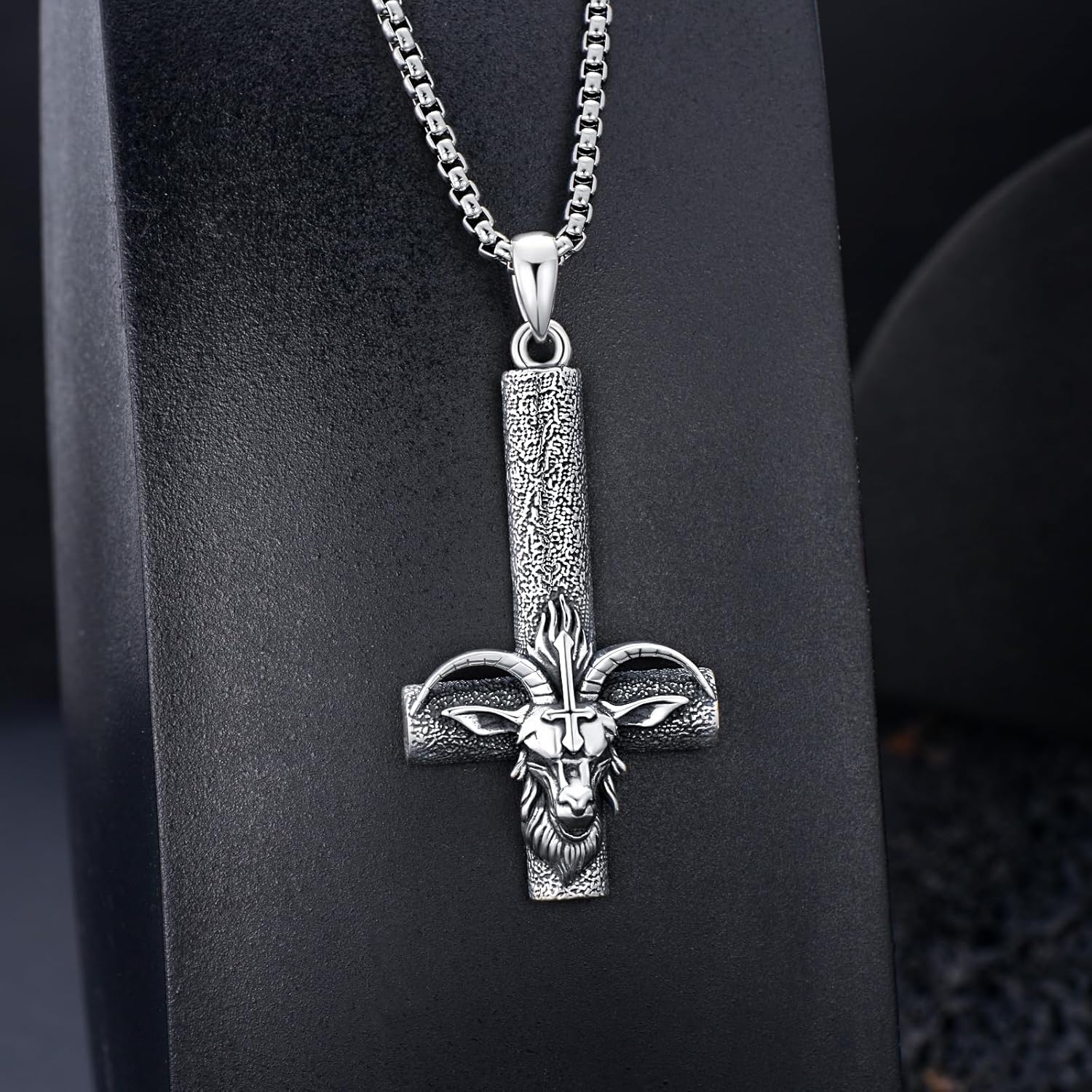 Satanic Necklace 925 Sterling Silver Baphomet Goat Head Upside Down Cross Pendant Satan Pendant Inverted Cross Satanic Jewelry Gifts for Men Women - Image 3