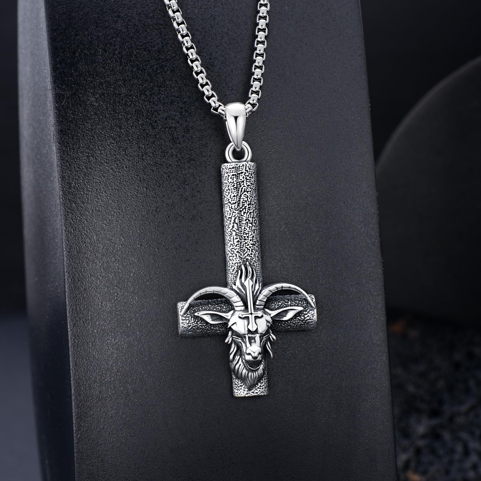 ROMANTICWORK Satanische Kette 925 Sterling Silber Baphomet Ziegenkopf Umgedrehter Kreuz Anhänger Satan Satanischer Schmuck Geschenke für Damen Herren