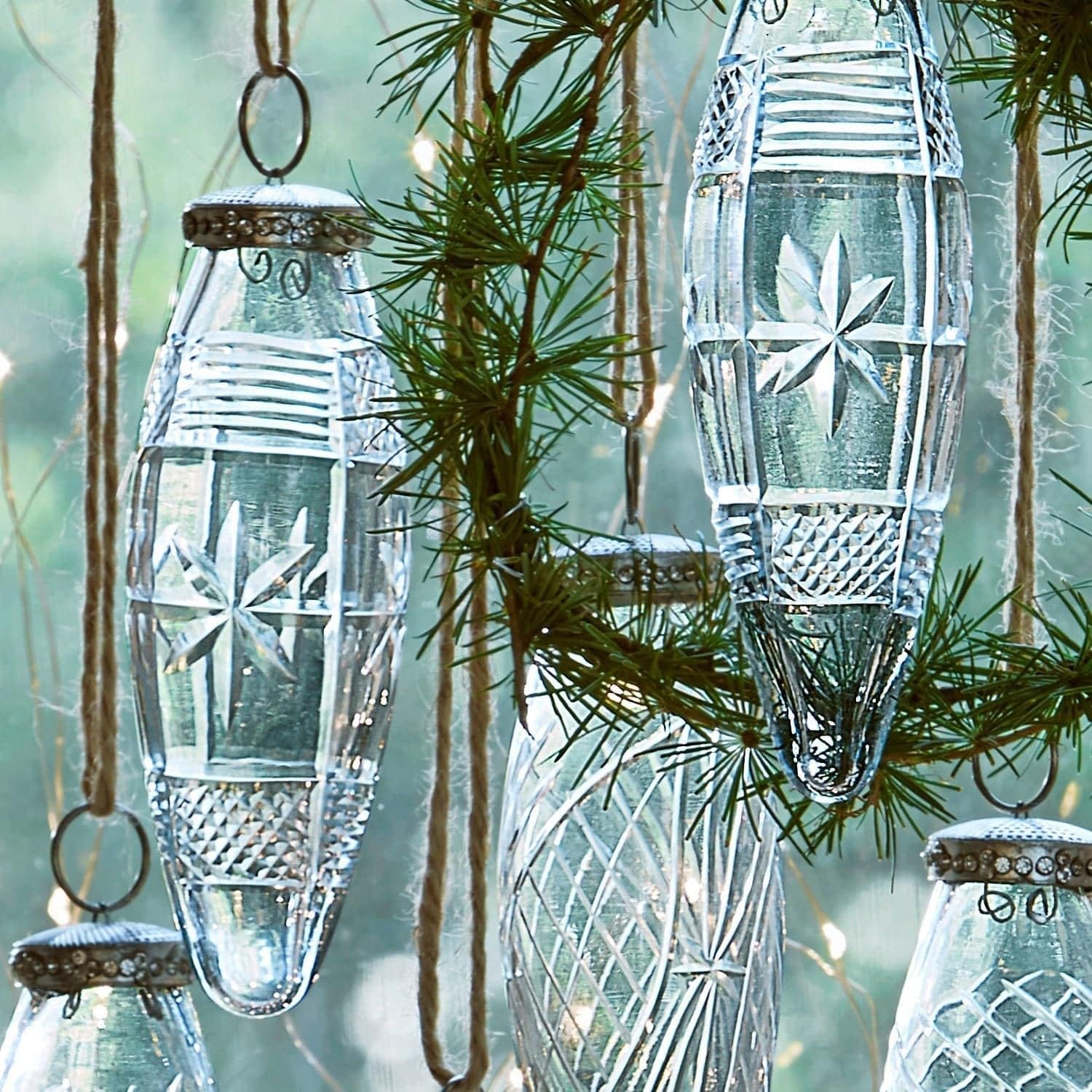 Loberon Loulay Set di 6 Decorazioni Natalizie - Delicate incisioni con Stelle e Linee Decorative - in Vetro Delicato, Trasparente
