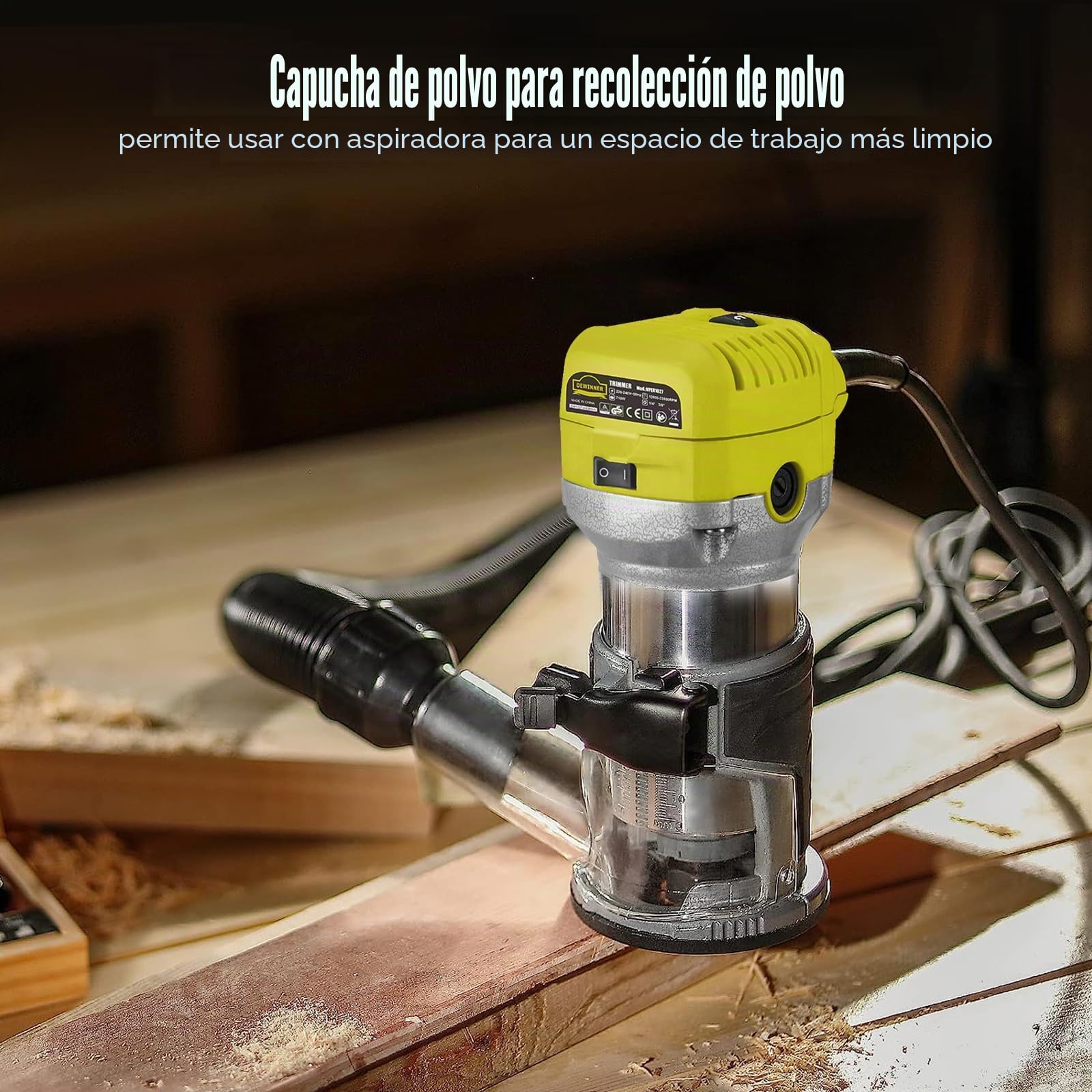 Dewinner Fresadora de Madera Rebajadora Eléctrica 710W 13000-33000RPM, Grabado Fresa Para Biselar,3 Alicates de 1/4'' , 6 mm y 8 mm, 6 Velocidades Variables, Profesión de Laminadora Fresa con Rodam