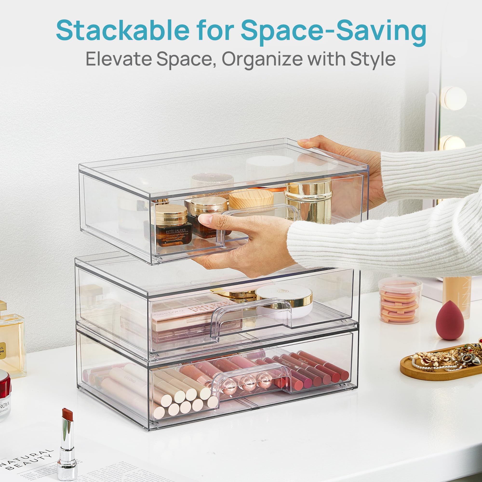 Vtopmart Boxen Aufbewahrung mit 3 Schubladen, Clear Schminktisch organizer, Anti-Rutsch Organizer Schublade Benutzt für Badezimmer, Schminktisch, Schreibtisch