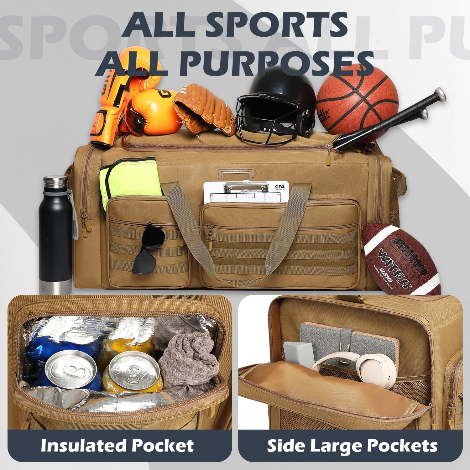 135L Large Duffle Bag, Heavy Duty Duffle Bag for Travel, Extra Large Sports Gym Equipment Bag for Soccer Baseball Basketball Hockey Football, Brown - Image 3