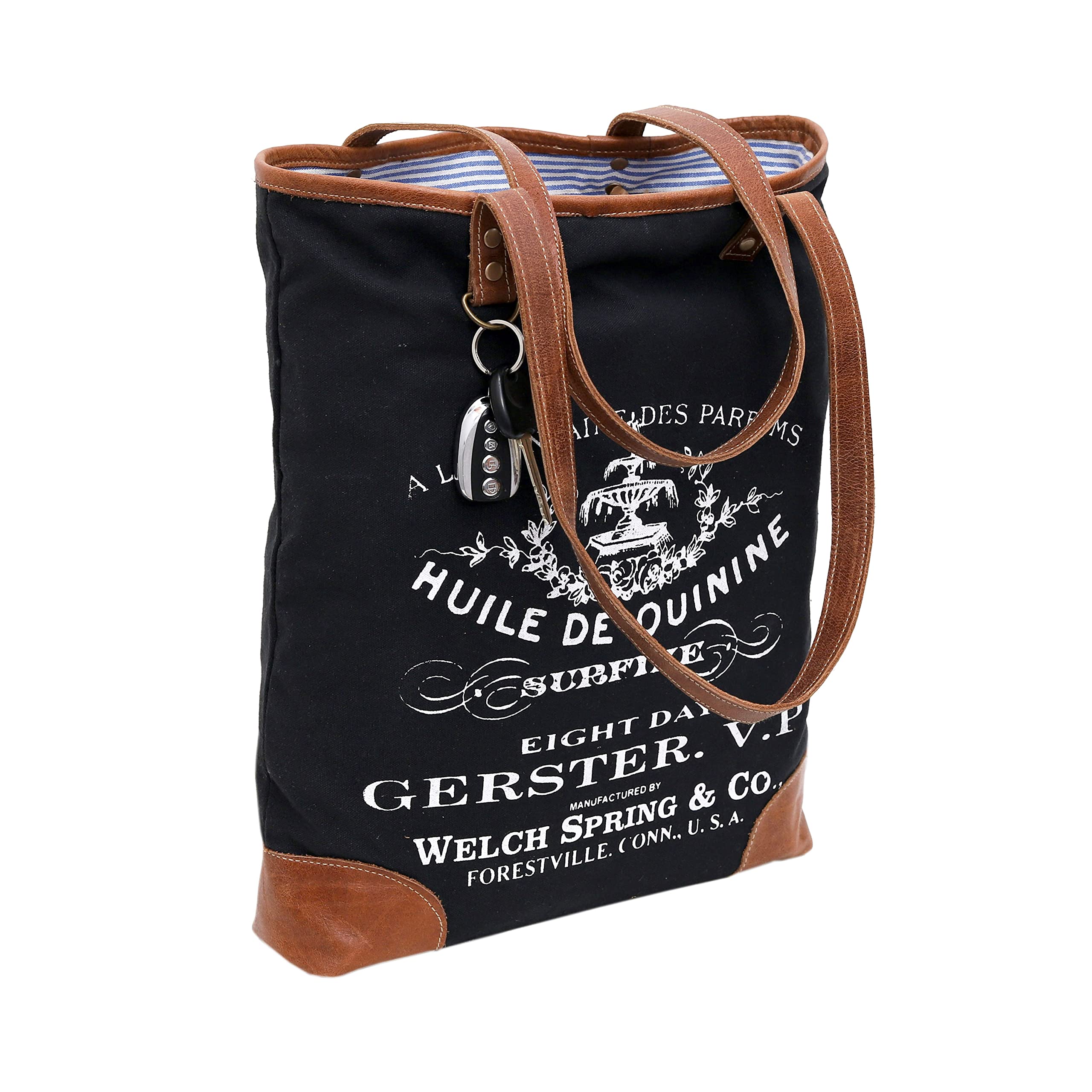 CLA Upcycled Canvas & Leather Handbag 16 Inch Height & Cowhide Tote Bag, Canvas Handbags for women (Black)