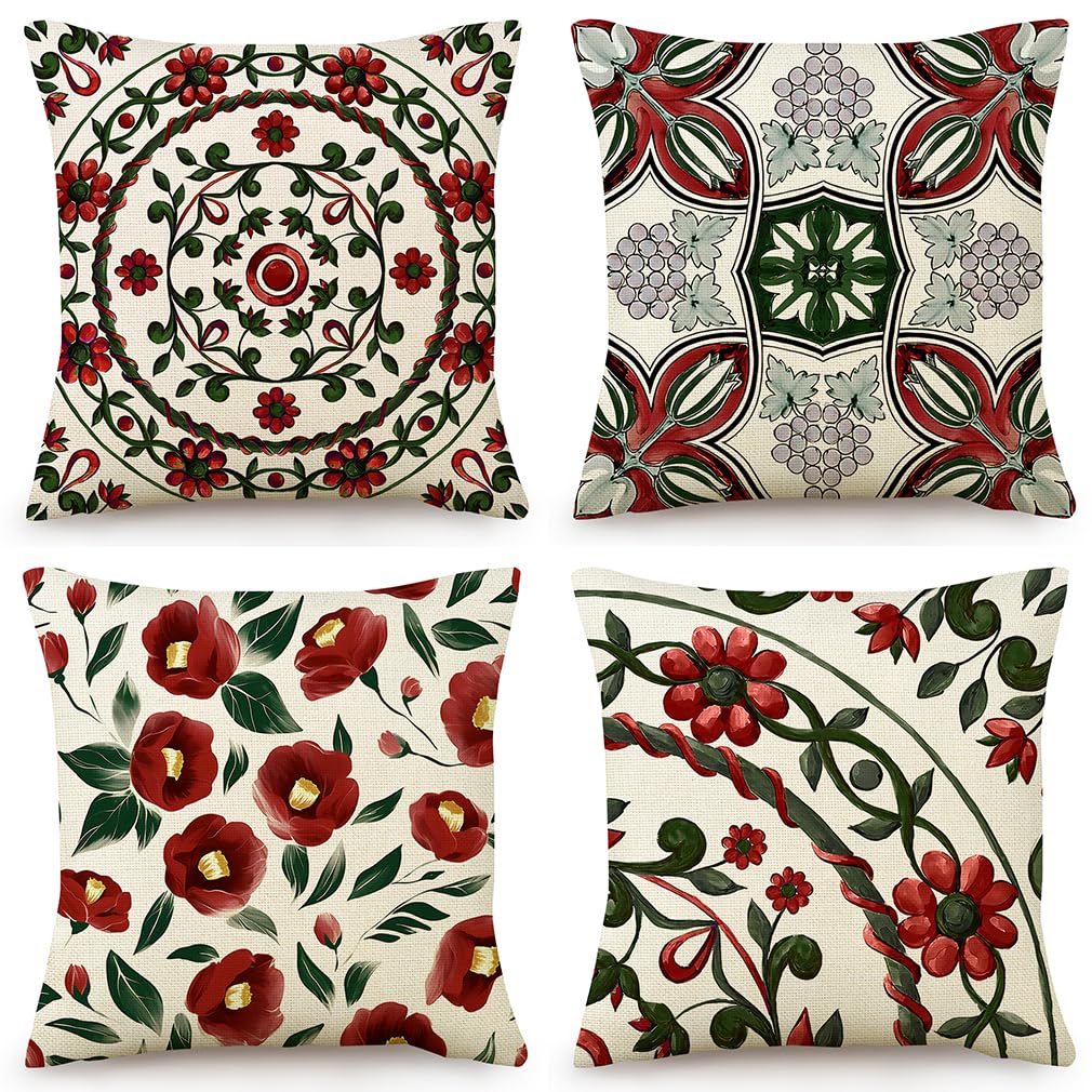 Housses de coussin fleurs rouges en coton lin pour embellir votre canapé