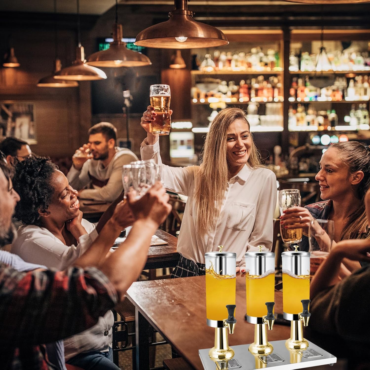 Hot and Cold Beverage Dispenser with Stand, 2.38 Gallon All-in-One Commercial Drink Dispenser with Ice Core&Stainless Steel Drip Trays for Parties, Beer Bar, Coffee (3 Head-2.38 GAL, GOLD) - Image 6