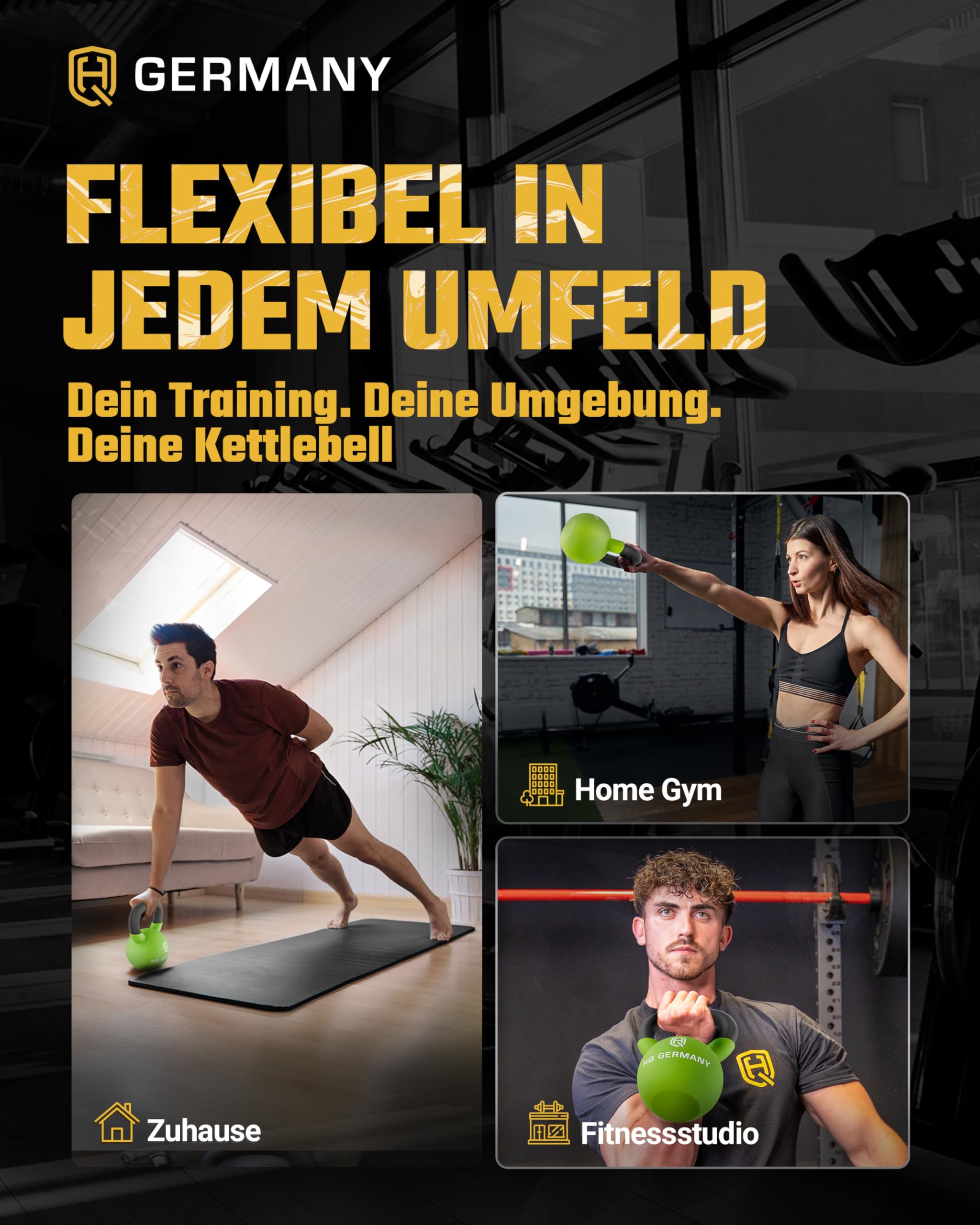 HQ Germany® Kettlebell Neopren [Bodenschutz] - Kugelhantel 2-32kg | Einteiliger Gusskern, pulverbeschichteter Griff, ±2% kalibriert, ergonomisch je Gewicht, Neoprenschicht