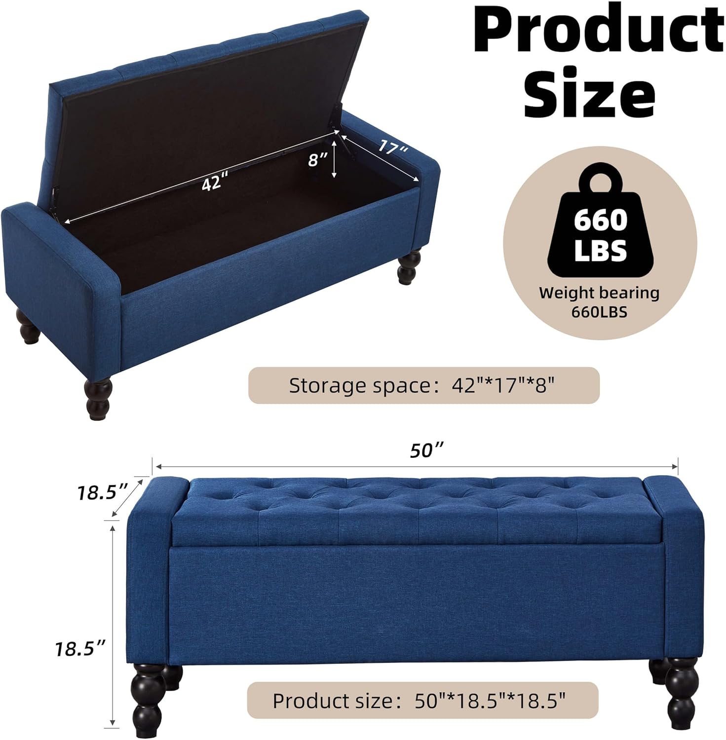 50" W Storage Ottoman Bench with Safety Hinge, Load up to 660 lb Ottoman with Storage, Upholstered Tufted Entryway Bench with Seating for Living Room, Bedroom, Entryway, Blue