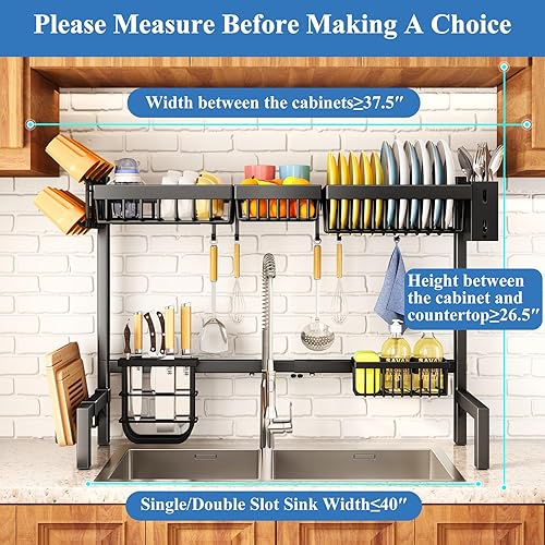 Miniatura 8 de SNTD - Escurridor de platos para colocar sobre el fregadero, ancho ajustable (para fregaderos de 32 - 40 pulgadas,) hecho de acero inoxidable, color