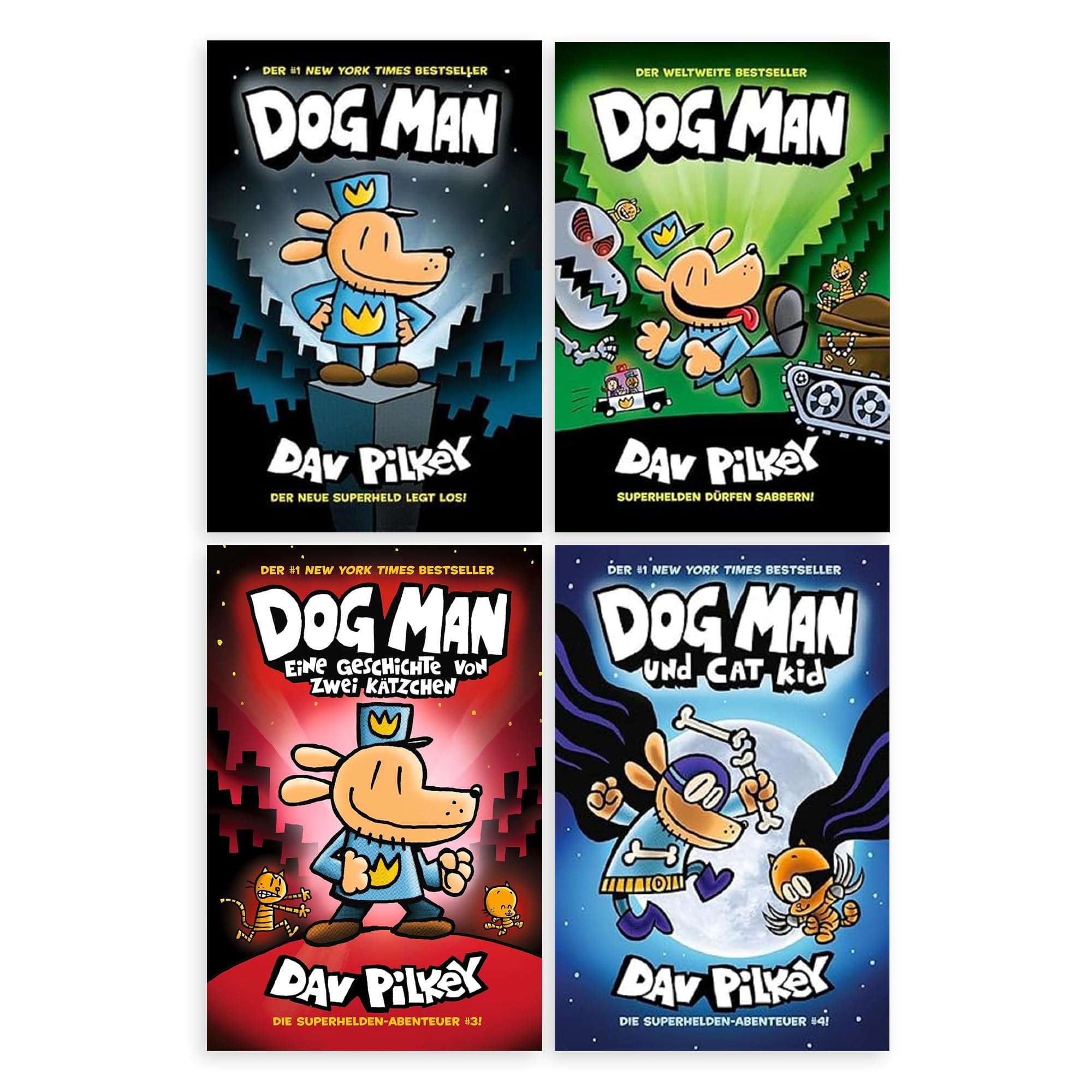 Dog Man Bücher Set Band 1-4 von Dav Pilkey – 4 Comic-Bände für Kinder: Die Abenteuer von Dog Man, Von der Leine gelassen, Zwei Kätzchen, Dog Man & Cat Kid – lustige Kinderbücher mit exkl. Lesezeichen