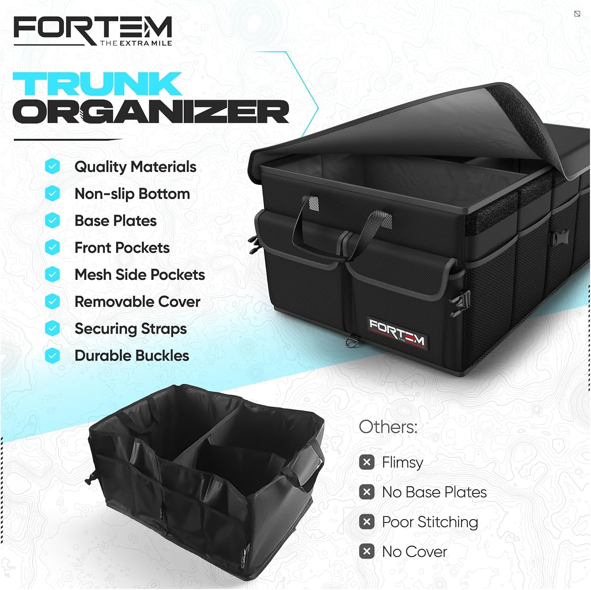 FORTEM Car Boot Organiser, Collapsible Multi Compartment SUV Organizer, Foldable Storage for Car Accessories for Women Men, 600D Oxford, Non Slip Bottom, Securing Straps, Soft Cover (50L) — view 6