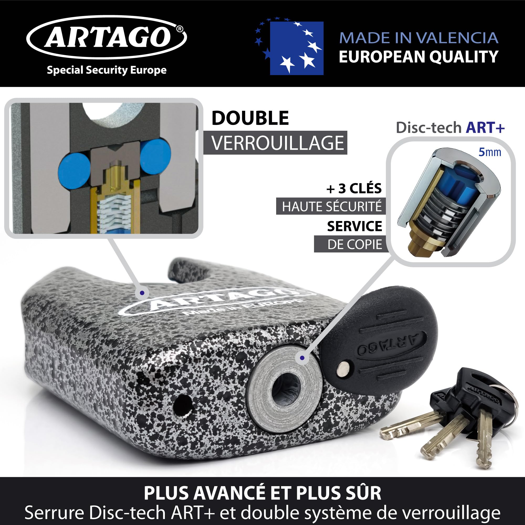 Artago 68T/B Cadenas de Sécurité Maximale ø15mm, BUNKER SELECTION, Homologué Sold Secure Gold, Monobloc, Serrure à Clé Haute Sécurité, Compatible avec Porte Extérieure, Chaîne grande, Conteneur