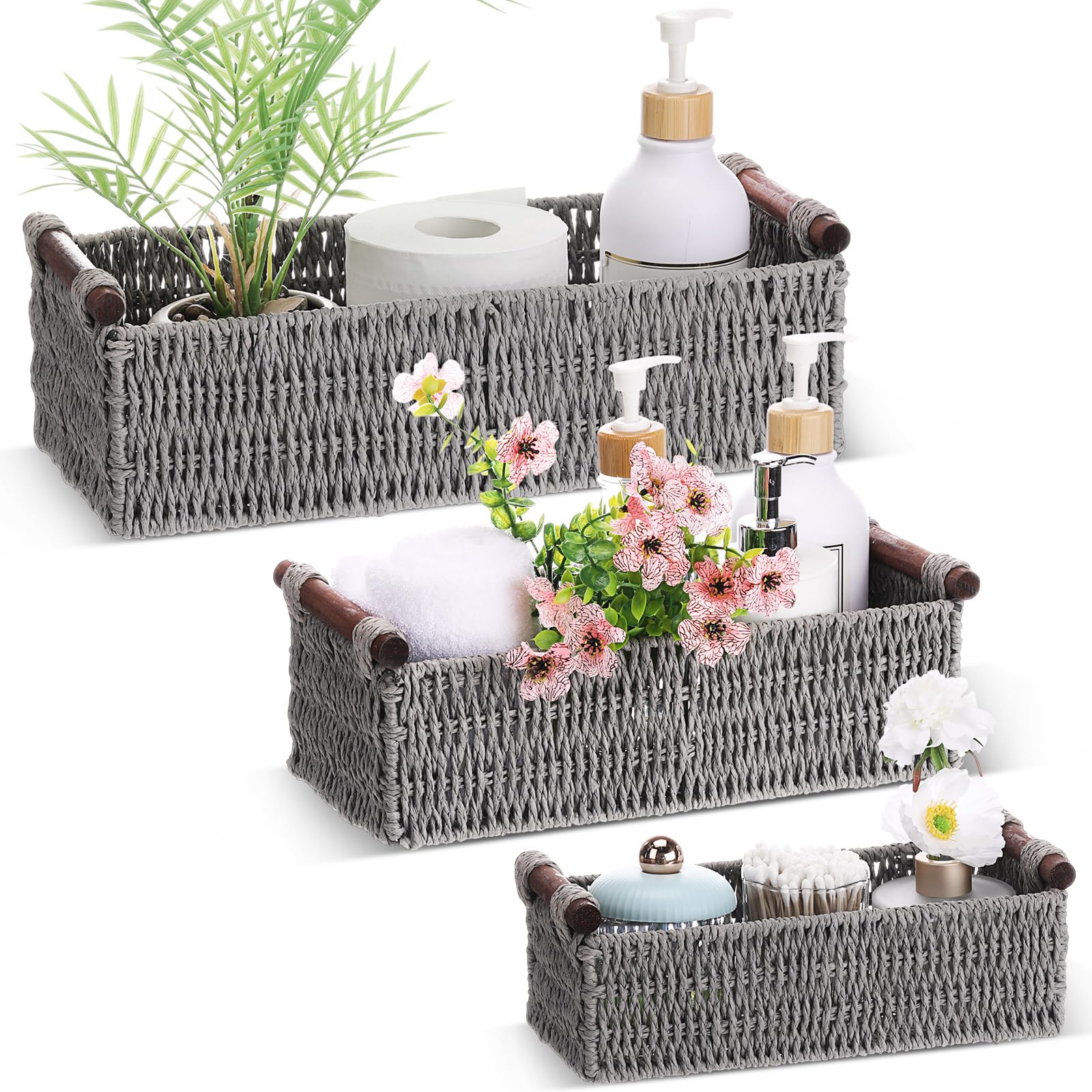 Boao 3 Pcs Boho Storage Wicker Baskets Handmade Woven Decorative Paper Rope Baskets for Organizing with Handle Countertop Toilet Paper Storage Container for Toilet Tank Top(Grey,Rectangle)