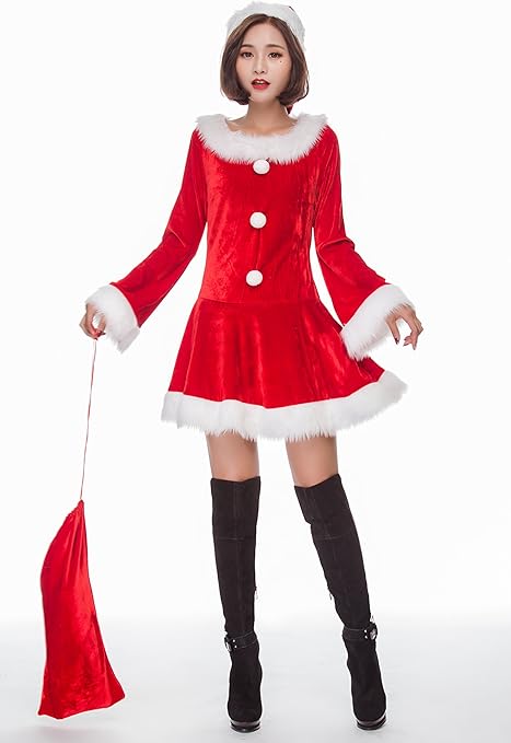 Amazon S C Live クリスマスコスプレ レディース 大人上品 高品質 スタンダード長袖ワンピ3点set フレアスリーブ ボリューム満点広裾スカート ふわふわファー サンタ帽子 サンタクロースバッグ 袋 クリスマスコスプレワンピースドレス 長袖 ファーポンポン ボリューミー
